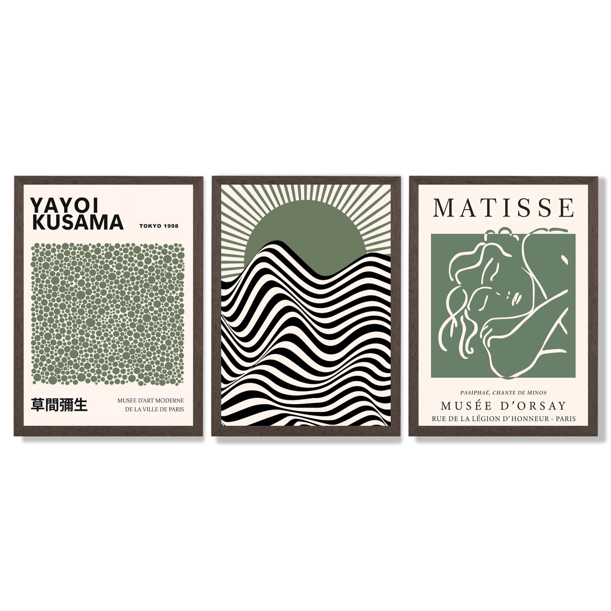 Kusama Bauhaus Matisse Muse Set of 3 Green Framed Wall Art with Dark Wood Frames