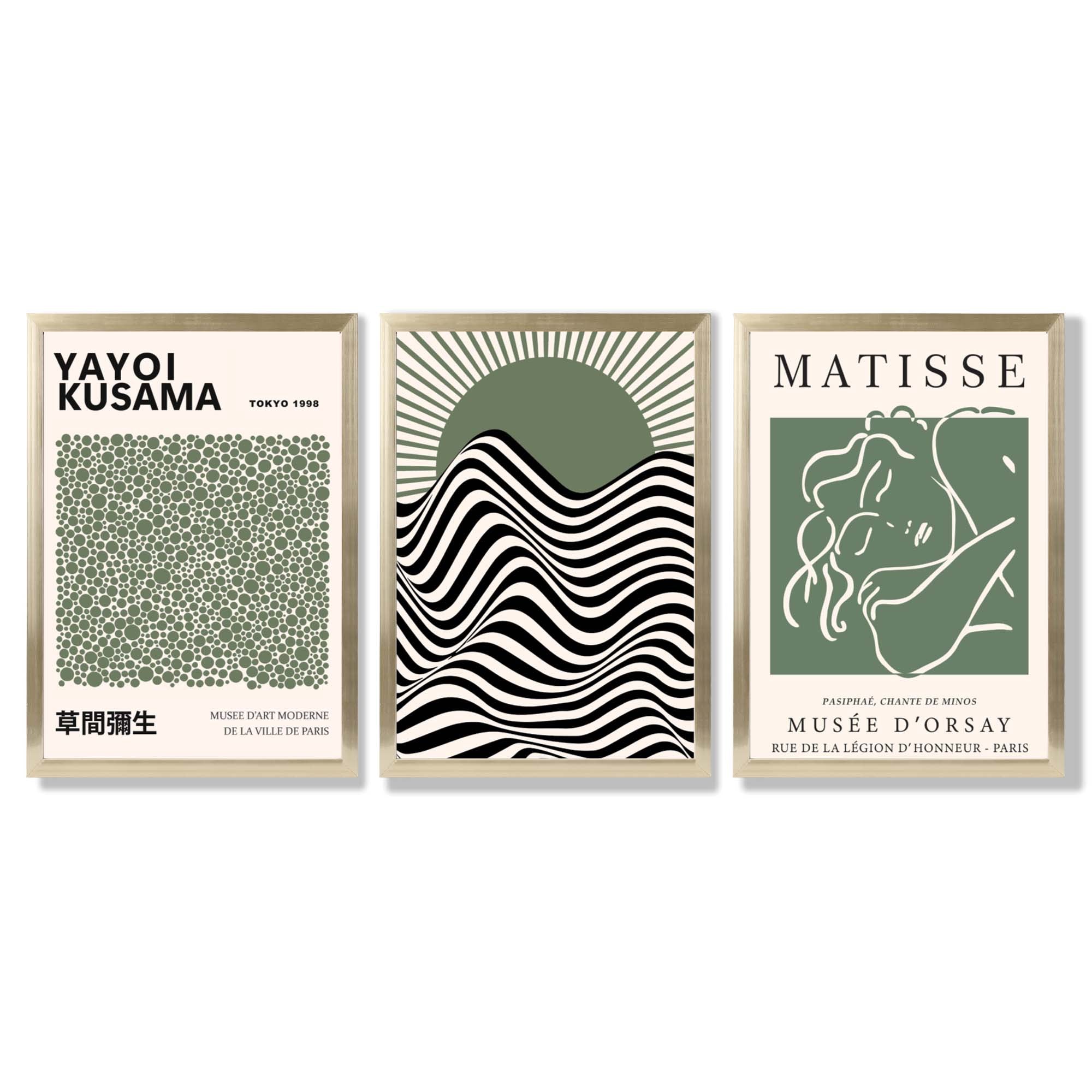 Kusama Bauhaus Matisse Muse Set of 3 Green Framed Wall Art with Gold Wood Frames