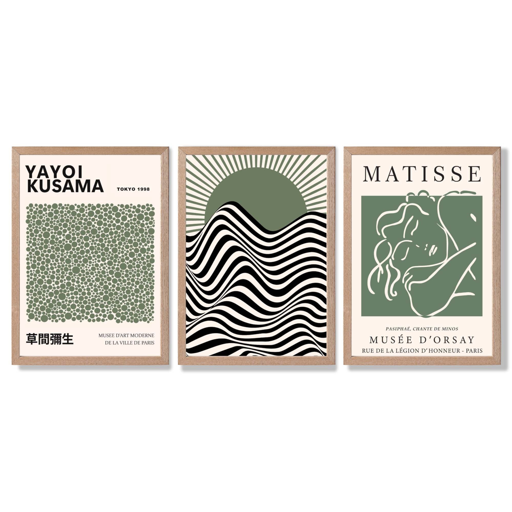 Kusama Bauhaus Matisse Muse Set of 3 Green Framed Wall Art with Light Oak Frames
