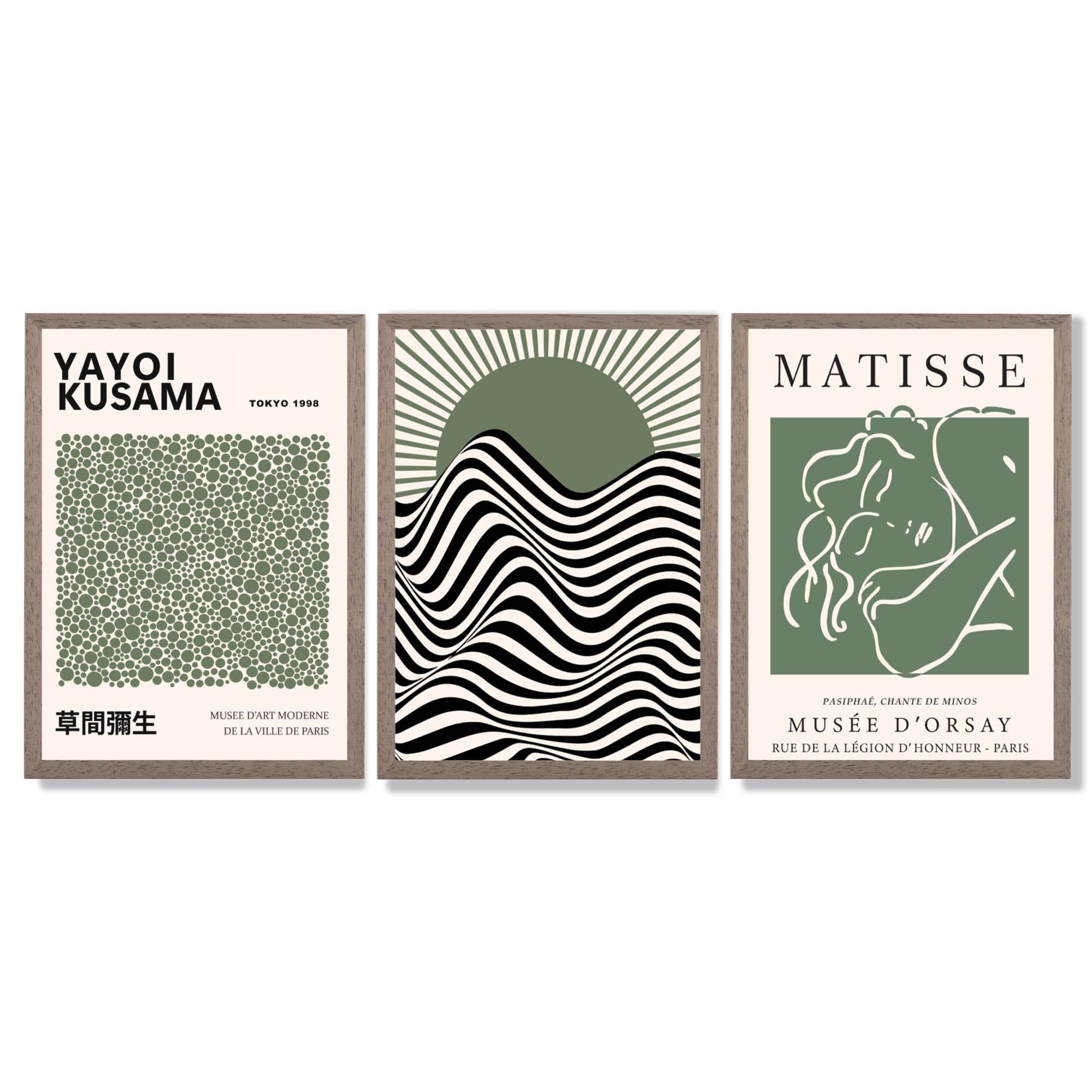 Kusama Bauhaus Matisse Muse Set of 3 Green Framed Wall Art with Light Walnut Frames