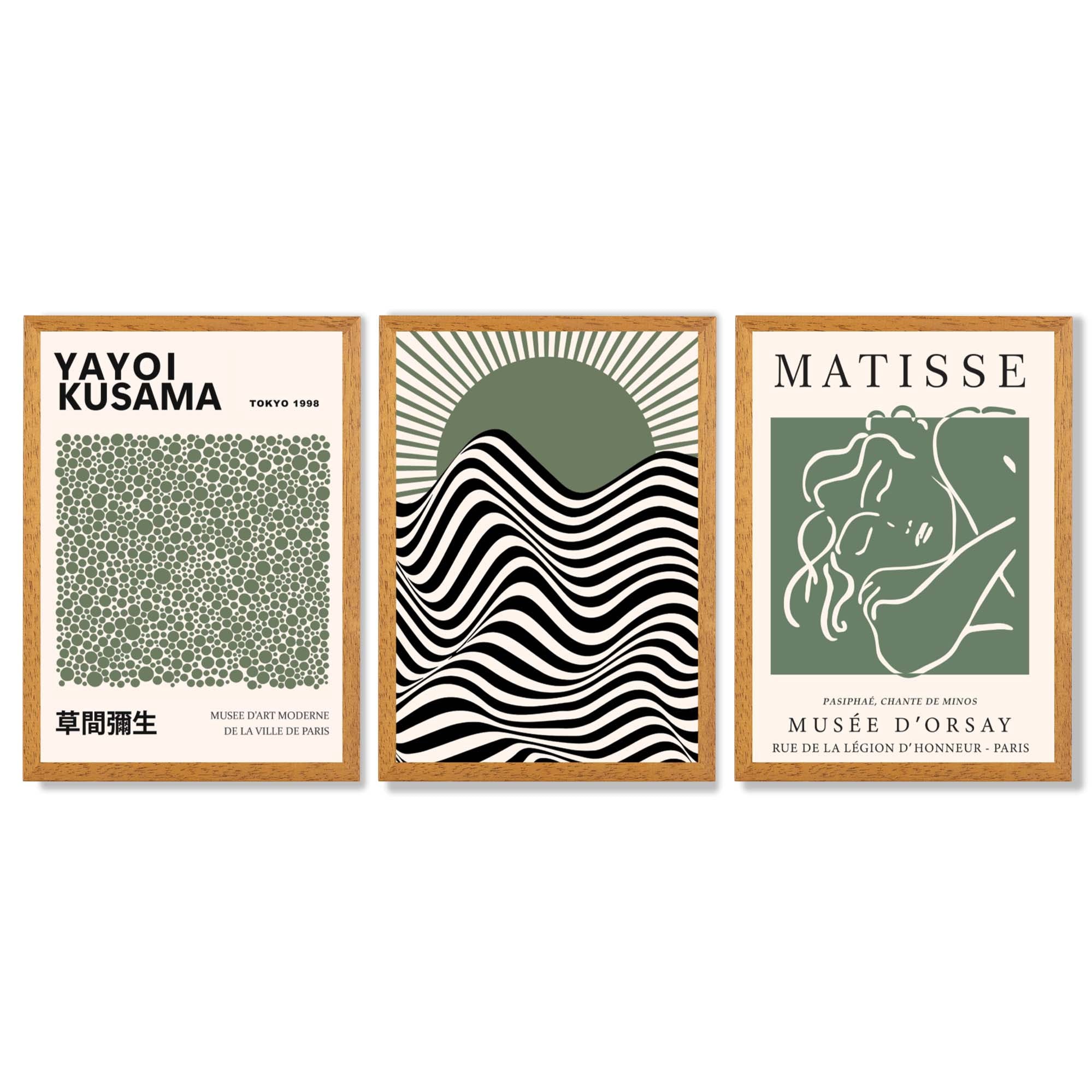 Kusama Bauhaus Matisse Muse Set of 3 Green Framed Wall Art with Oak Wooden Frames