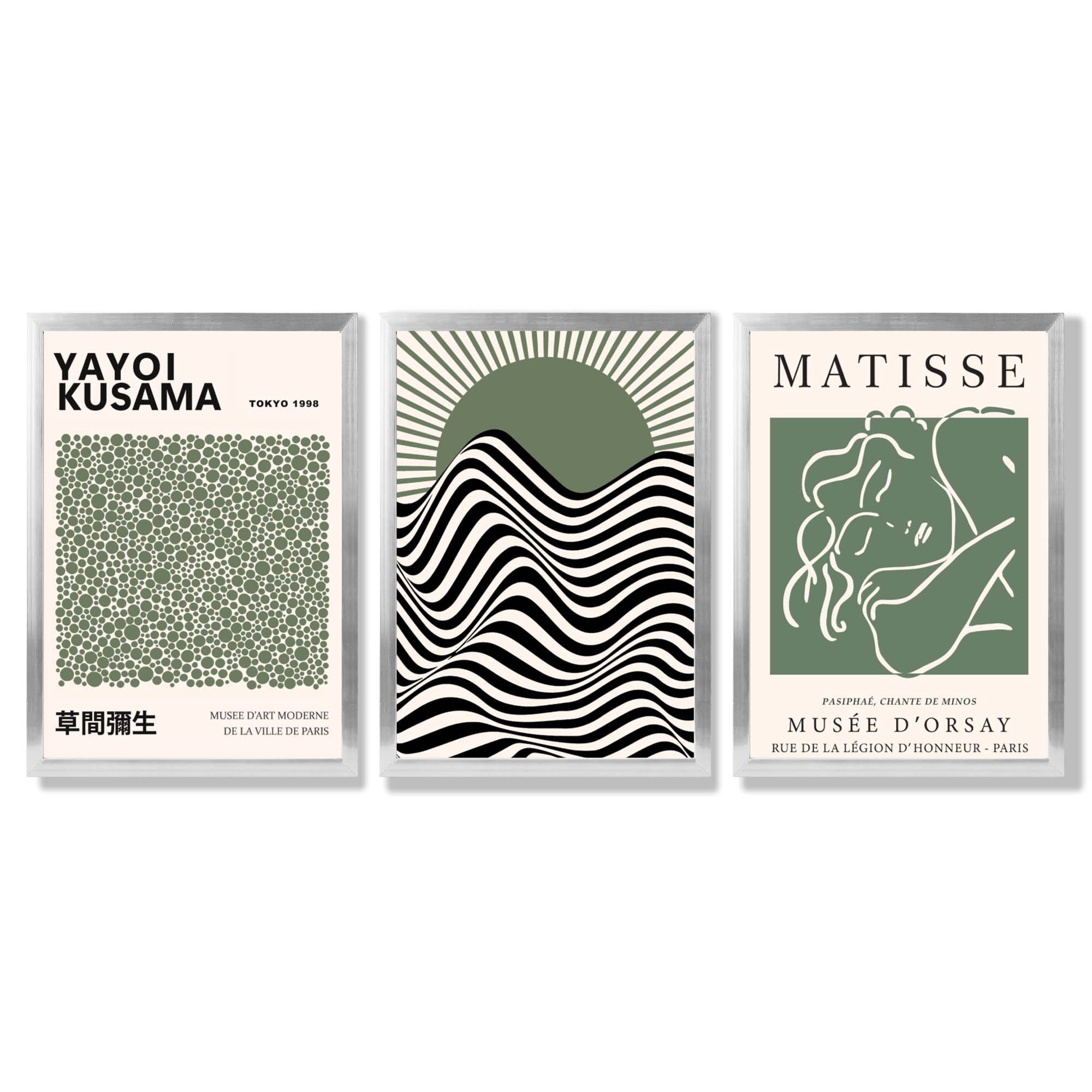 Kusama Bauhaus Matisse Muse Set of 3 Green Framed Wall Art with Silver Wood Frames