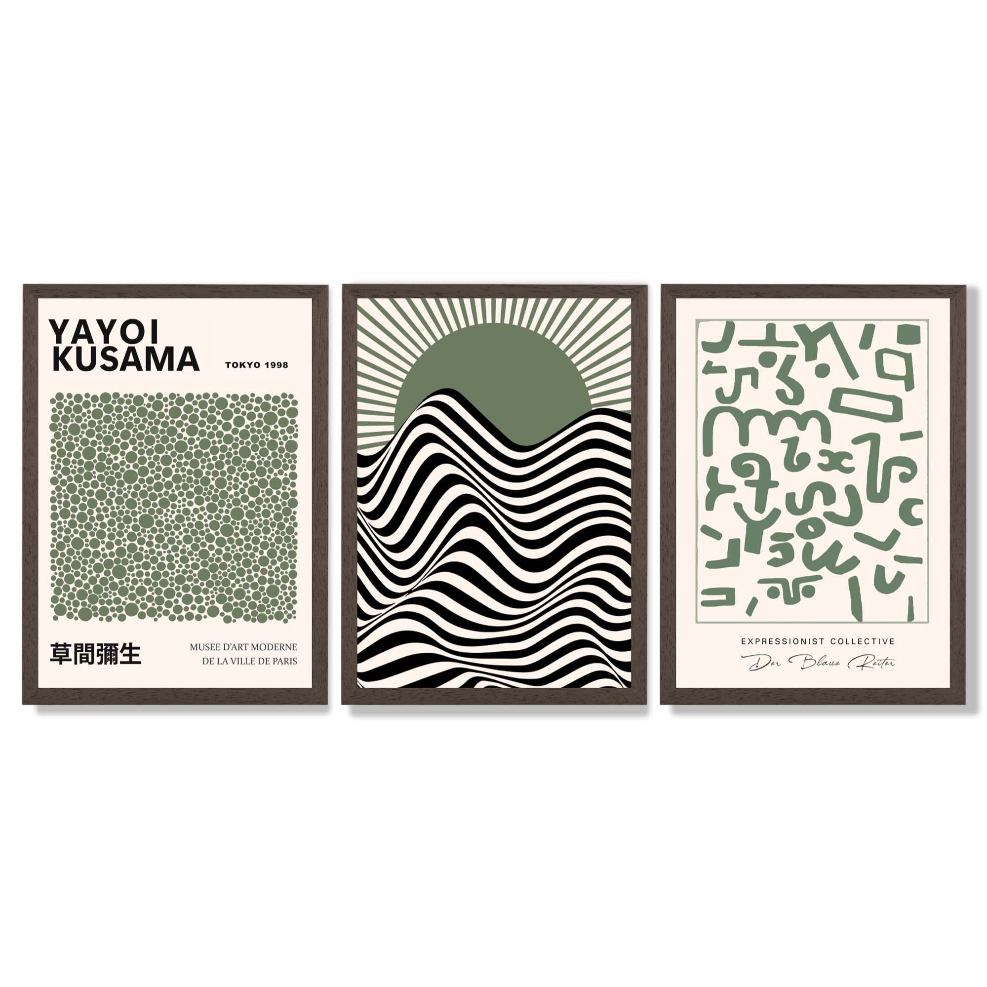 Kusama Bauhaus Klee Expression Set of 3 Green Framed Wall Art with Dark Wood Frames