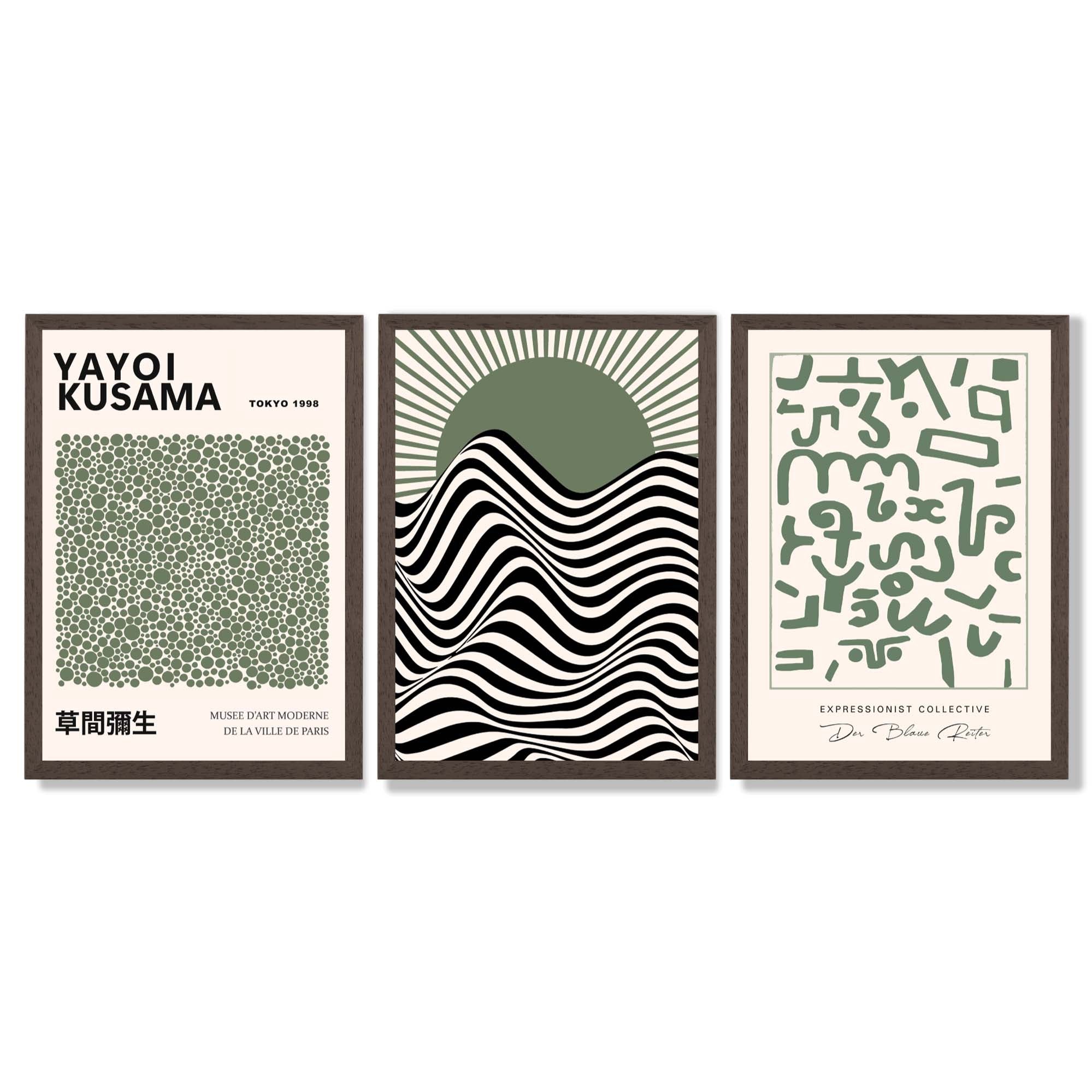 Kusama Bauhaus Klee Expression Set of 3 Green Framed Wall Art with Dark Wood Frames