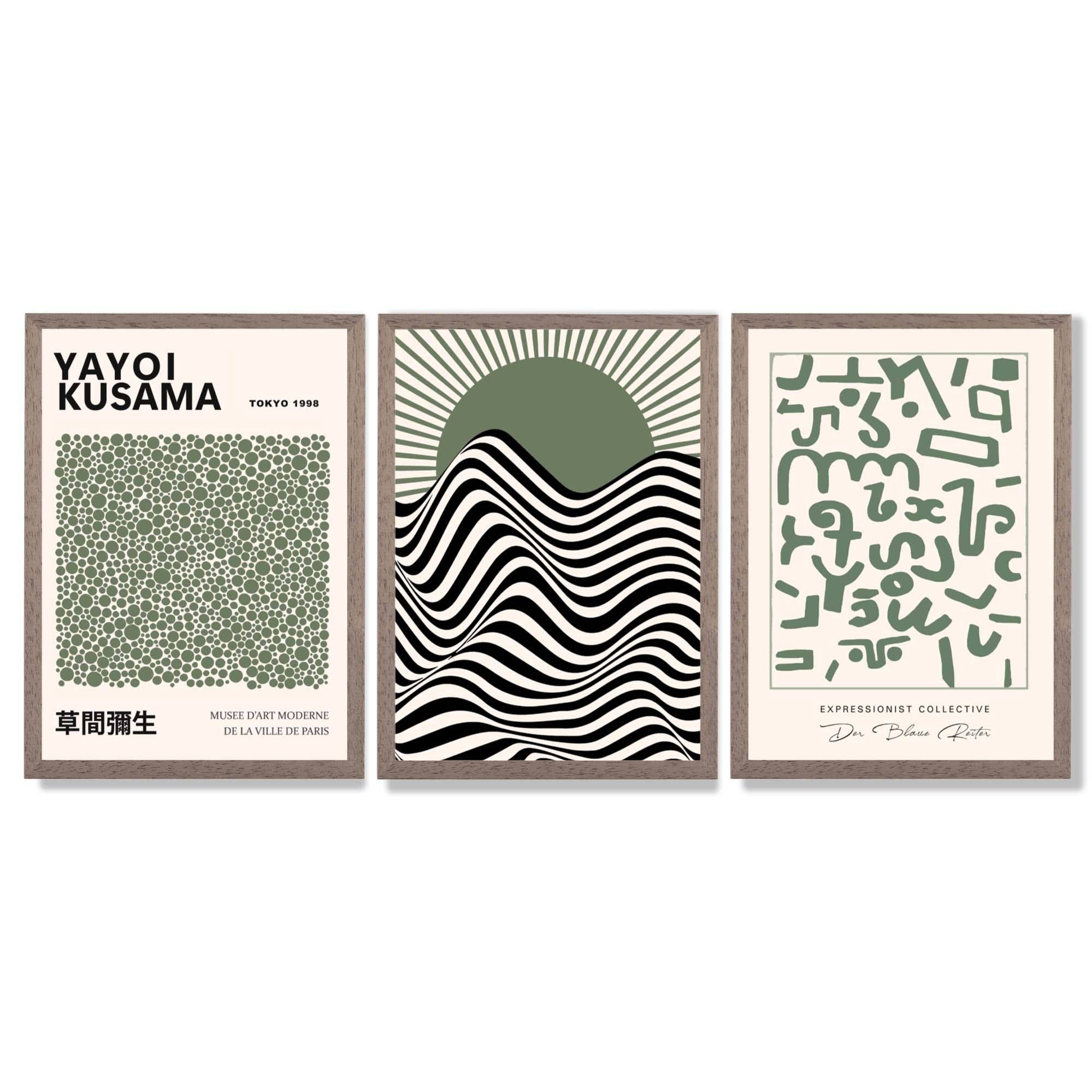 Kusama Bauhaus Klee Expression Set of 3 Green Framed Wall Art with Light Walnut Frames