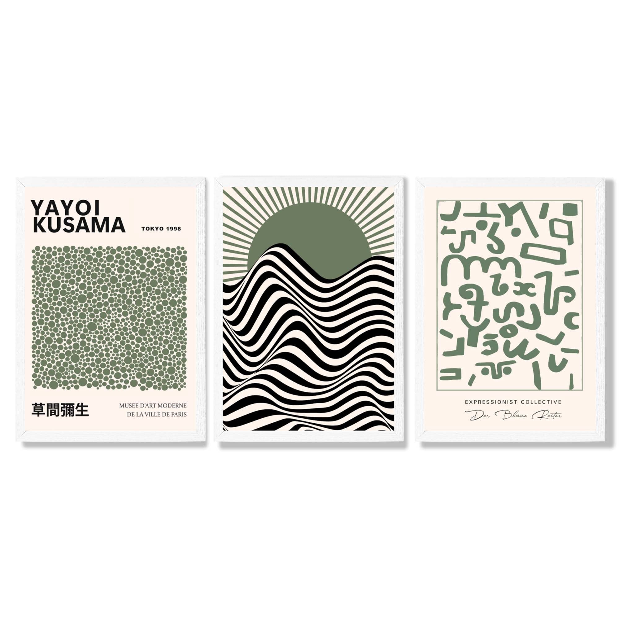 Kusama Bauhaus Klee Expression Set of 3 Green Framed Wall Art with White Wooden Frames