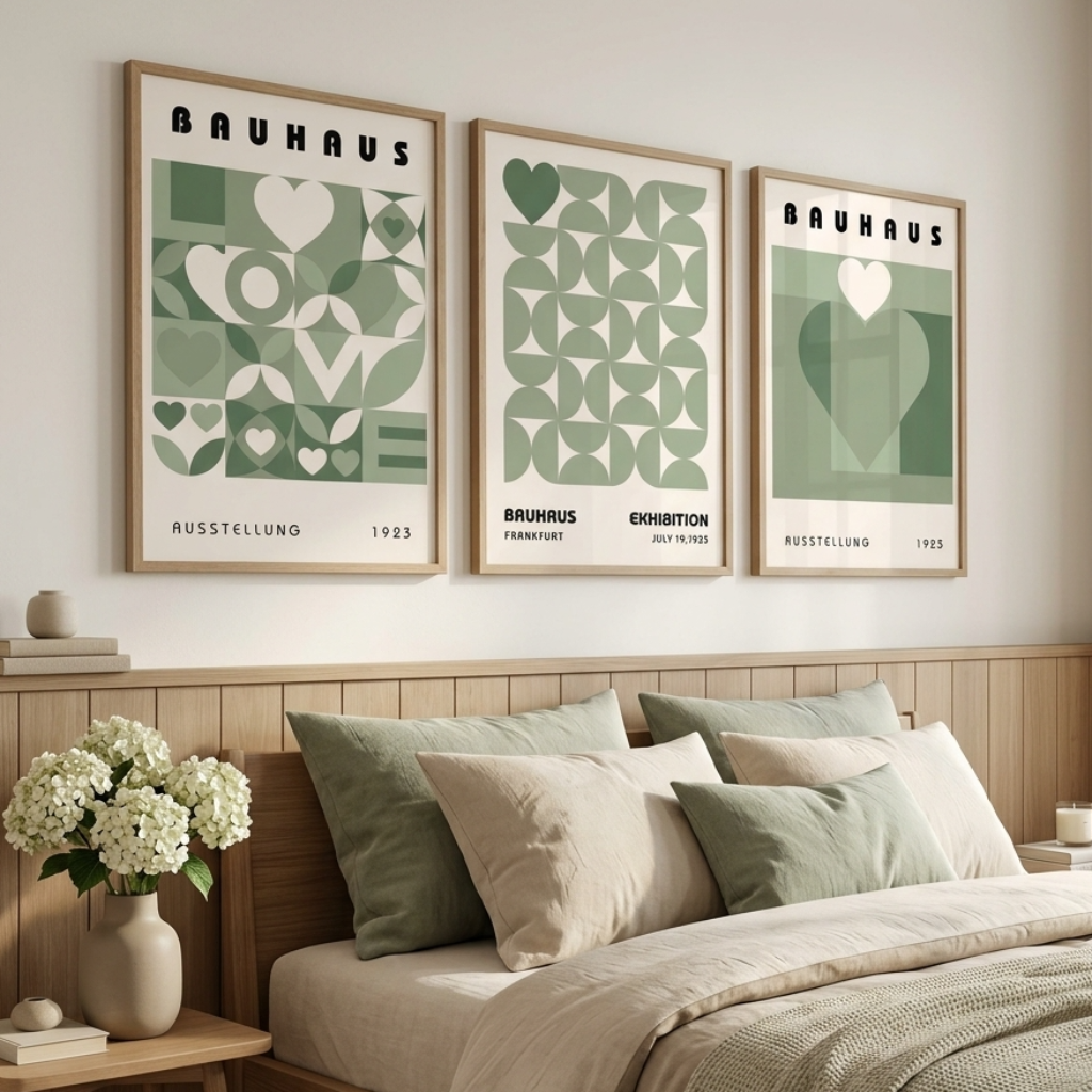 Three framed Bauhaus-style wall art prints in sage green tones hang above a wooden headboard in a softly styled bedroom. The prints feature geometric heart and abstract shapes with text including 'BAUHAUS' and LOVE.