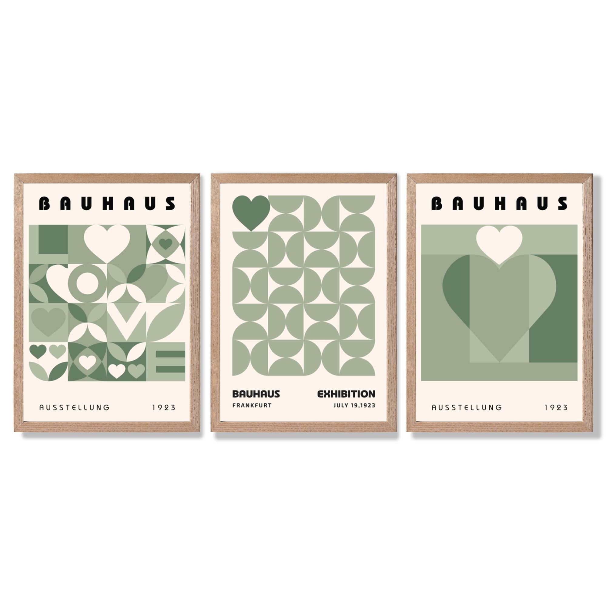 Bauhaus Love Geometric Set of 3 Green Framed Wall Art with Light Oak Frames