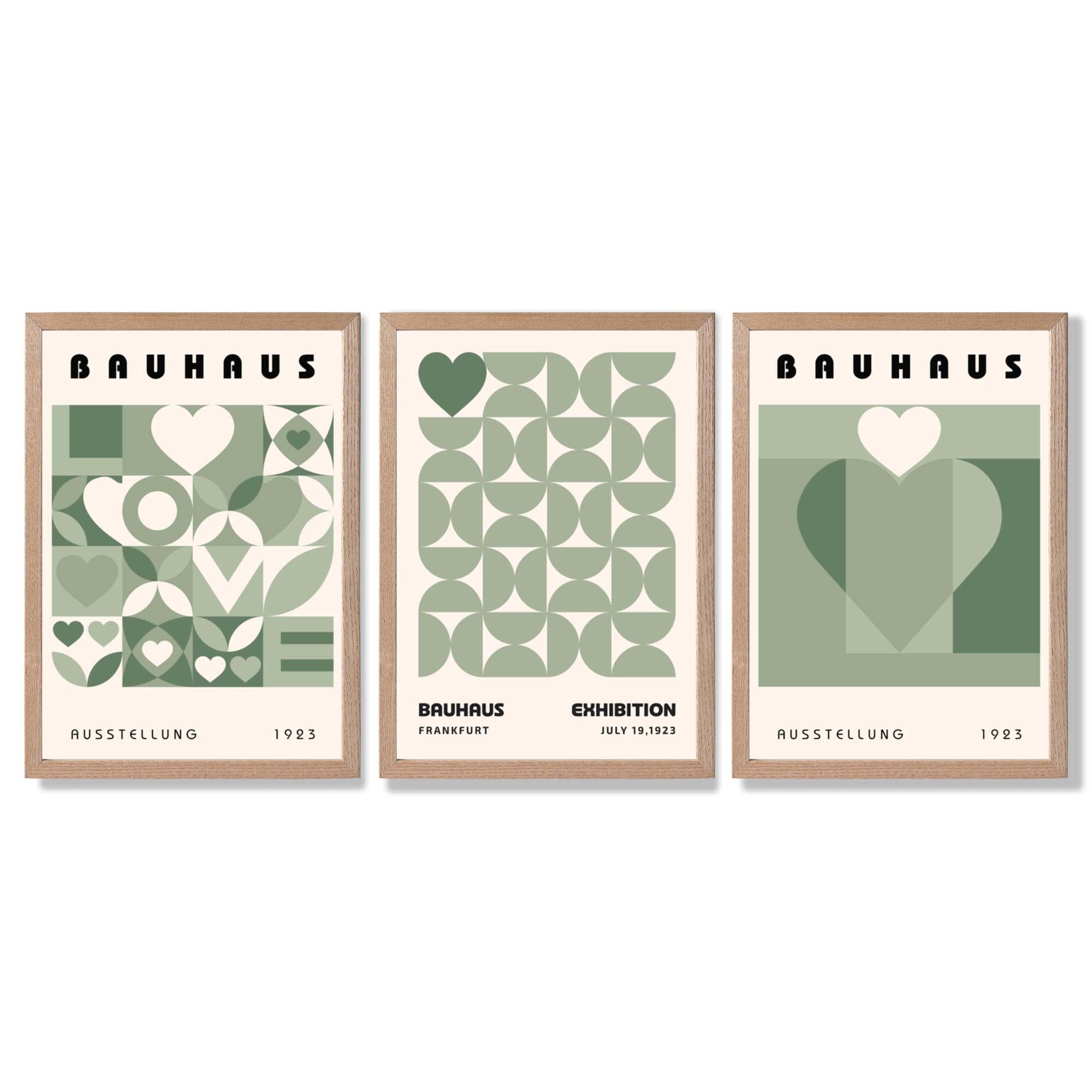 Bauhaus Love Geometric Set of 3 Green Framed Wall Art with Light Oak Frames
