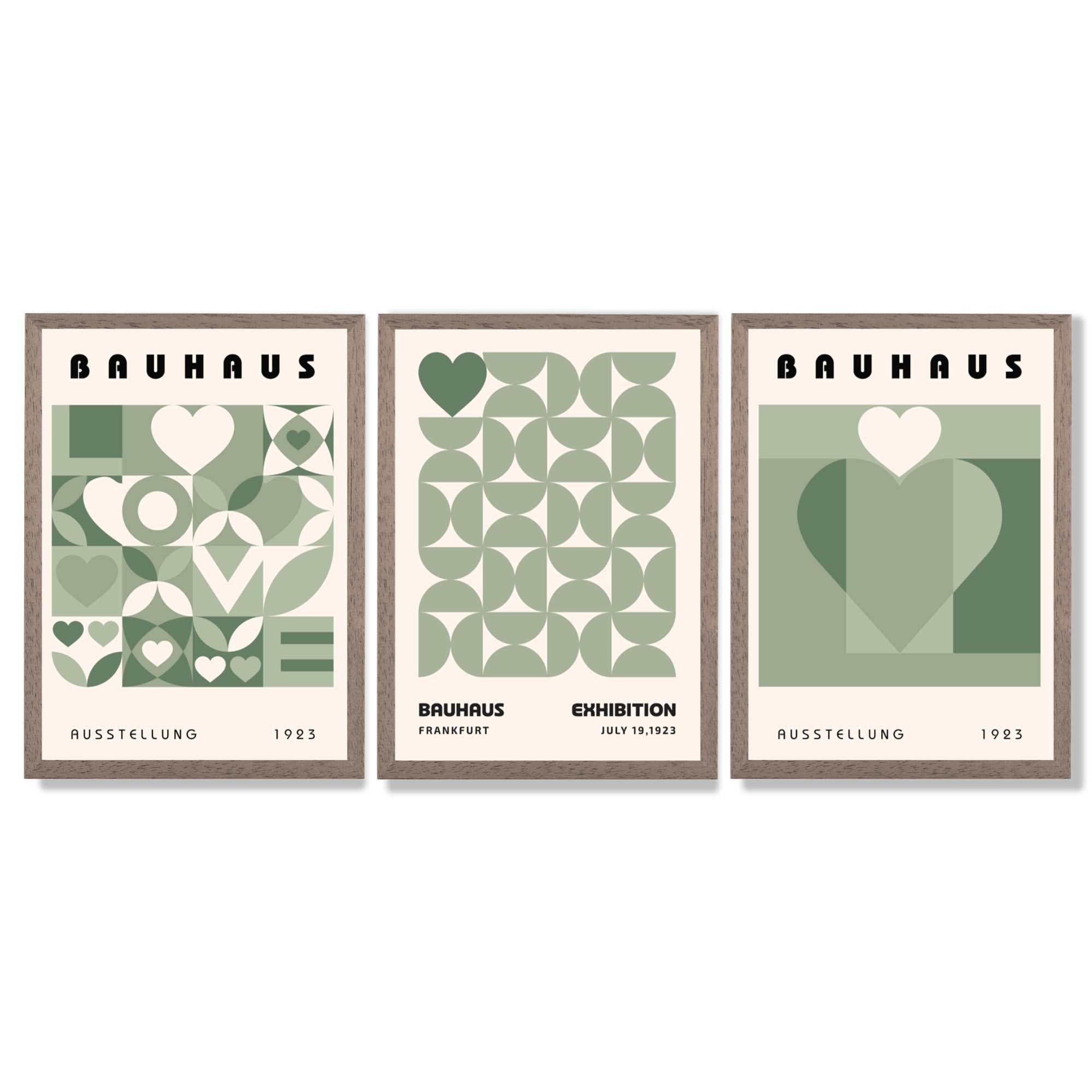 Bauhaus Love Geometric Set of 3 Green Framed Wall Art with Light Walnut Frames