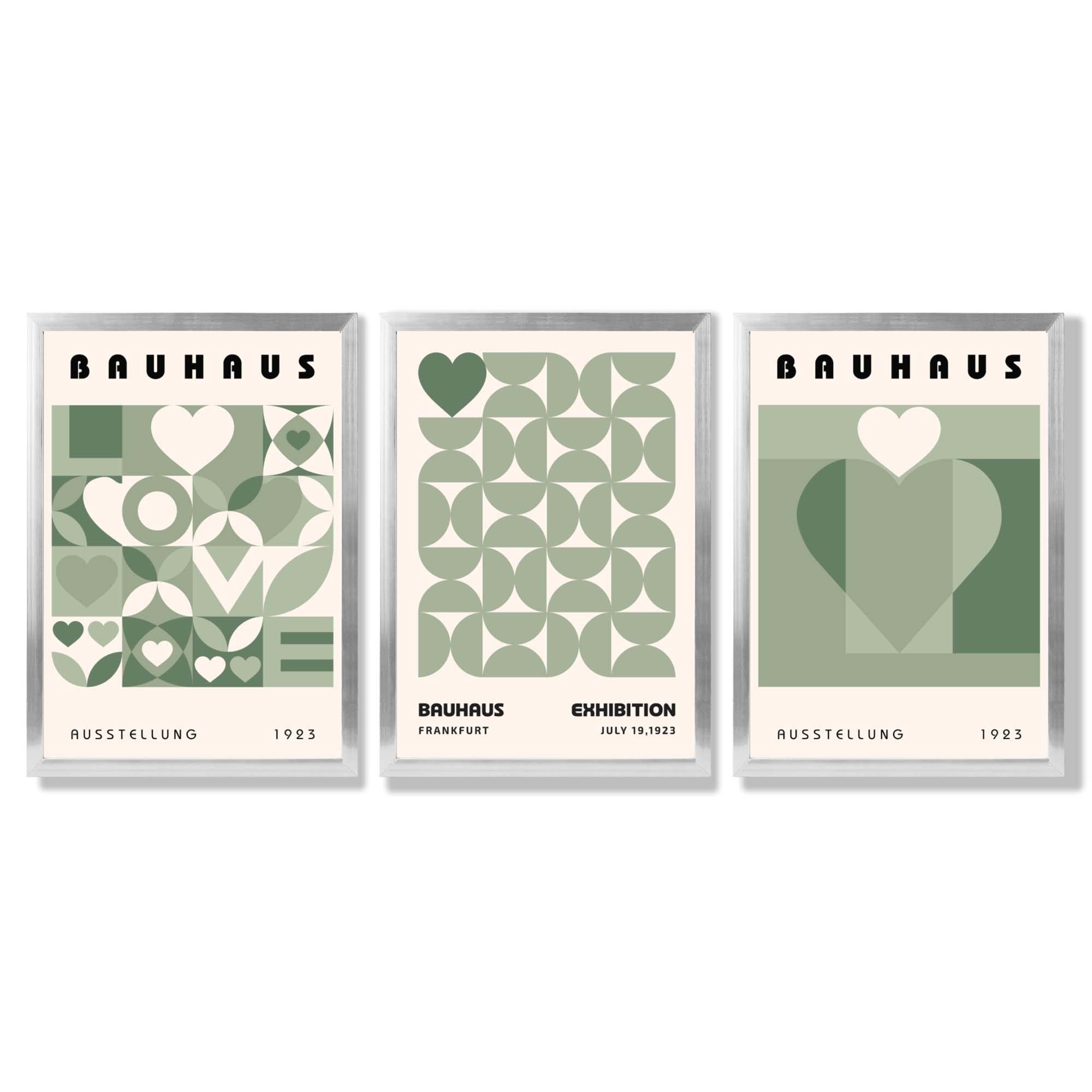 Bauhaus Love Geometric Set of 3 Green Framed Wall Art with Silver Wood Frames