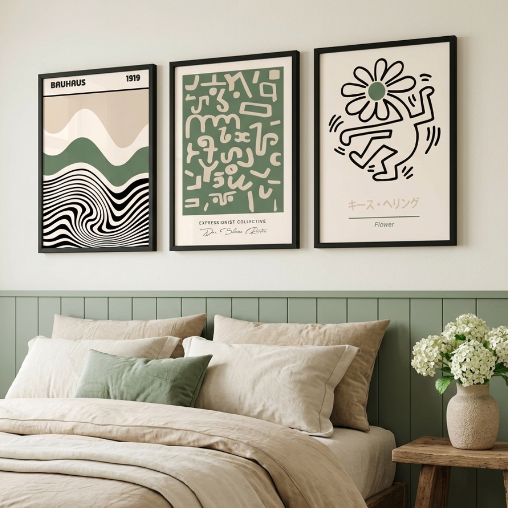 Three framed abstract art prints hang above a bed in a styled bedroom. The prints feature minimalist black, green, beige, and white designs, including wavy lines, geometric patterns, and a flower motif.