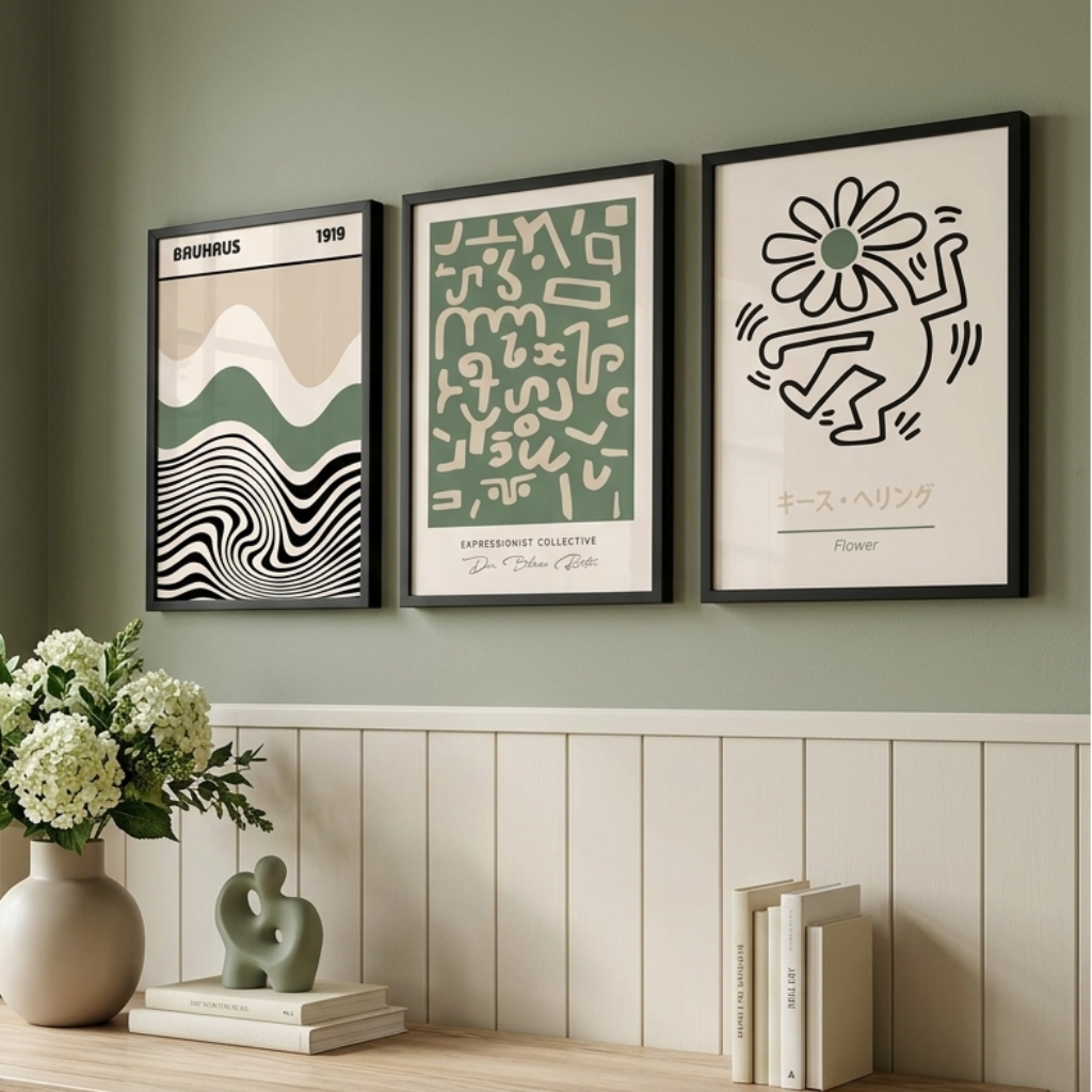 Three framed abstract art prints in black, white, and muted green hang on a sage green wall above a light wood desk with a vase of flowers and books.