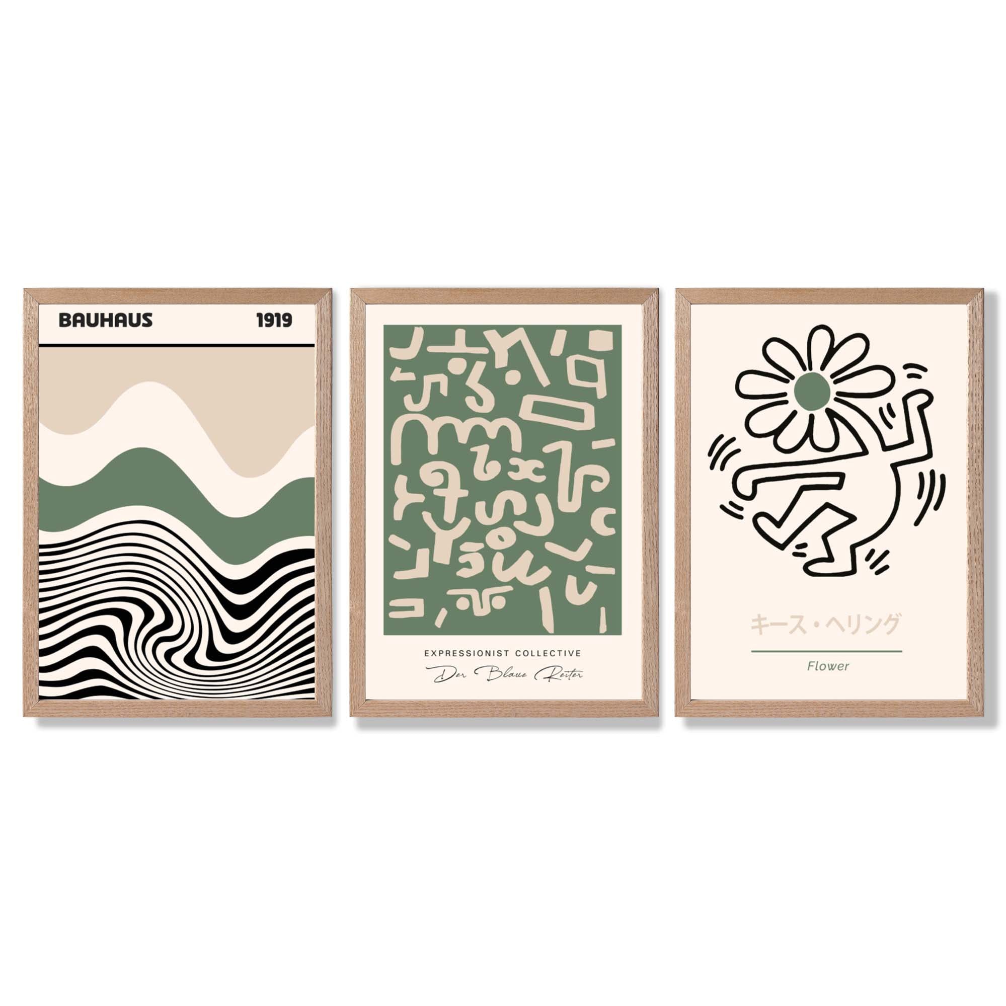 Bauhaus Modern Japandi Minimal Set of 3 Green Framed Wall Art with Light Oak Frames