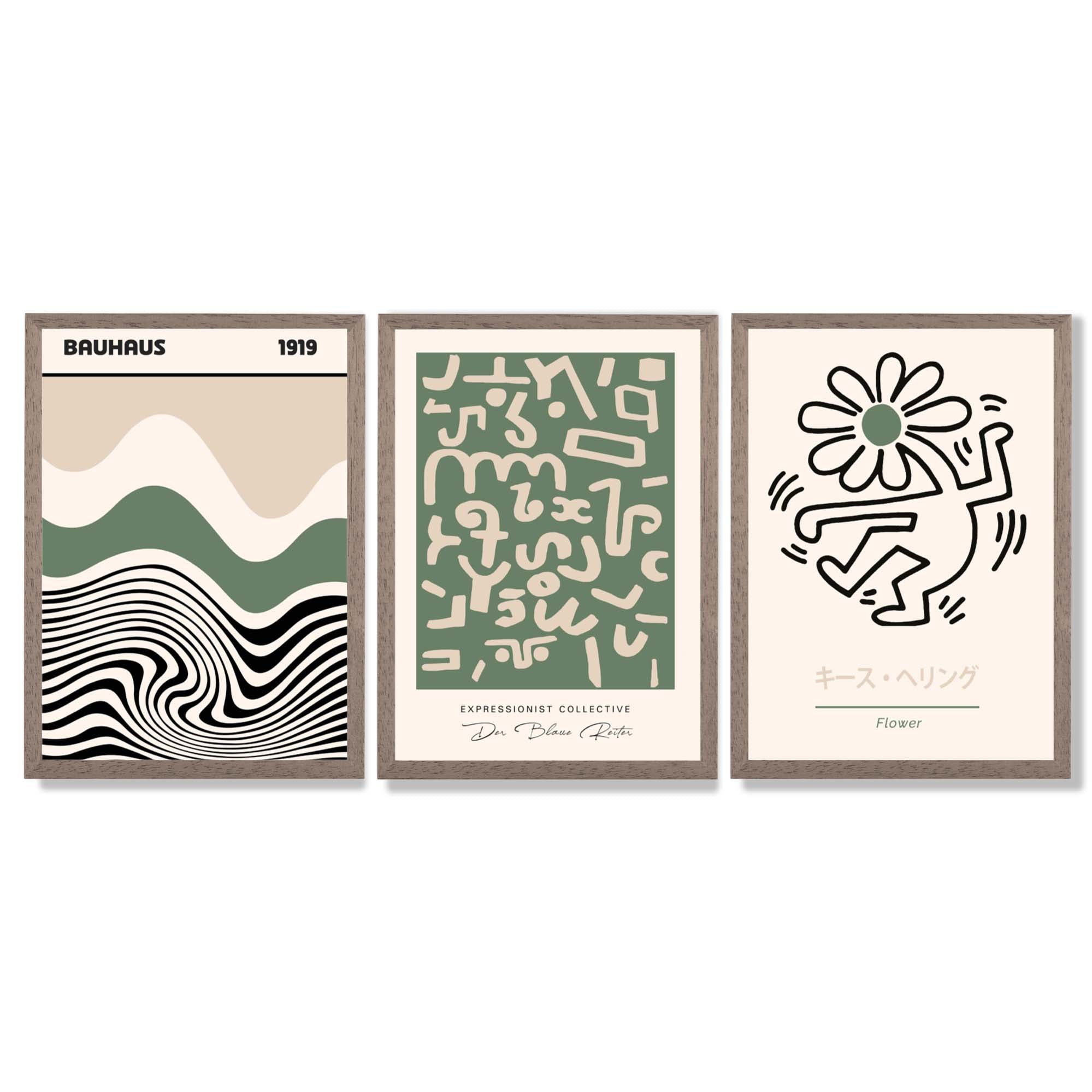 Bauhaus Modern Japandi Minimal Set of 3 Green Framed Wall Art with Light Walnut Frames