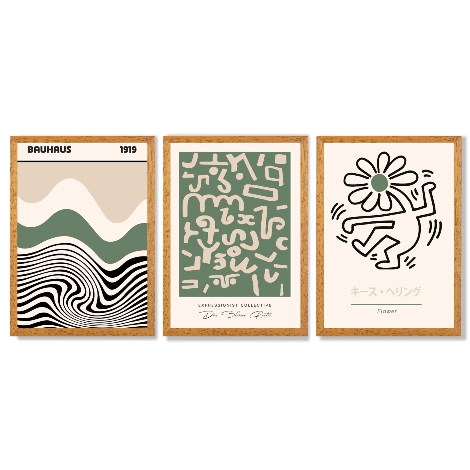 Bauhaus Modern Japandi Minimal Set of 3 Green Framed Wall Art with Oak Wooden Frames
