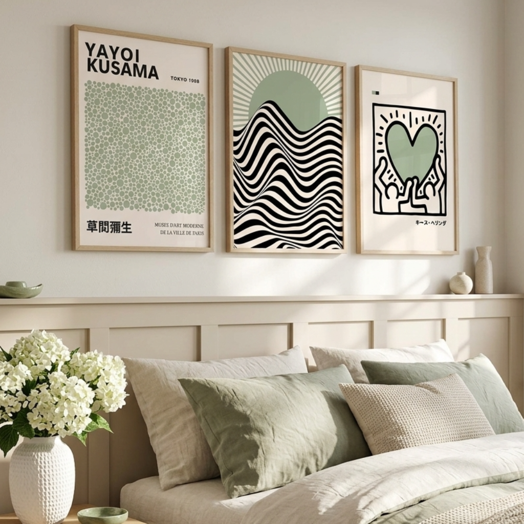 Three framed abstract art prints in light wood frames hang above a bed in a softly lit bedroom. The prints feature Bauhaus wave patterns, a green heart on a cream background, and Kusama Infinity Bubbles.