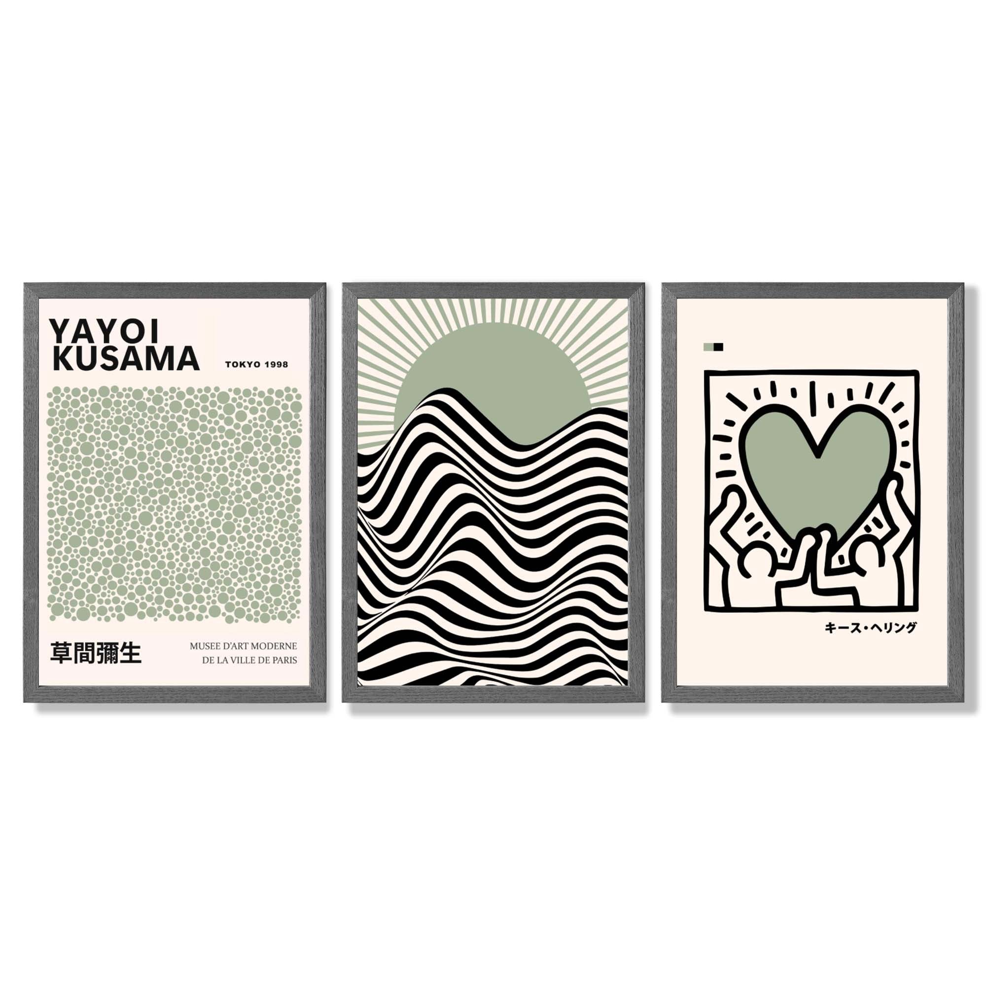 Set of 3 Yayoi Kusama, Japandi Light Green Framed Wall Art with Dark Grey Wooden Frames