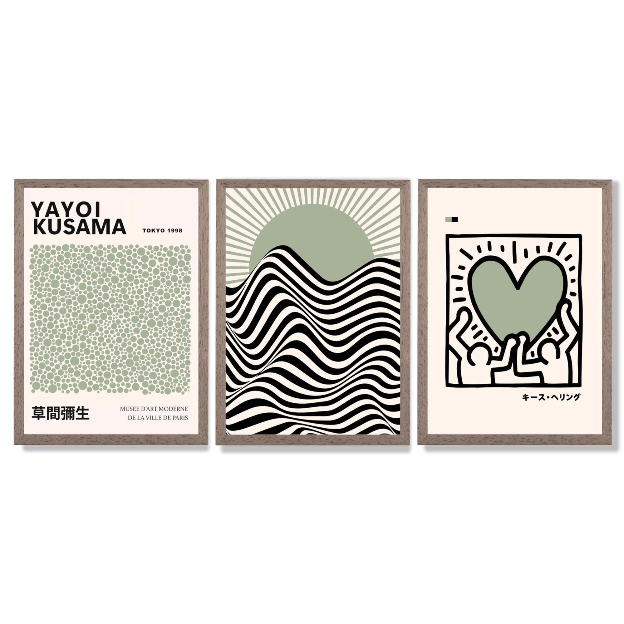 Set of 3 Yayoi Kusama, Japandi Light Green Framed Wall Art with Light Walnut Frames
