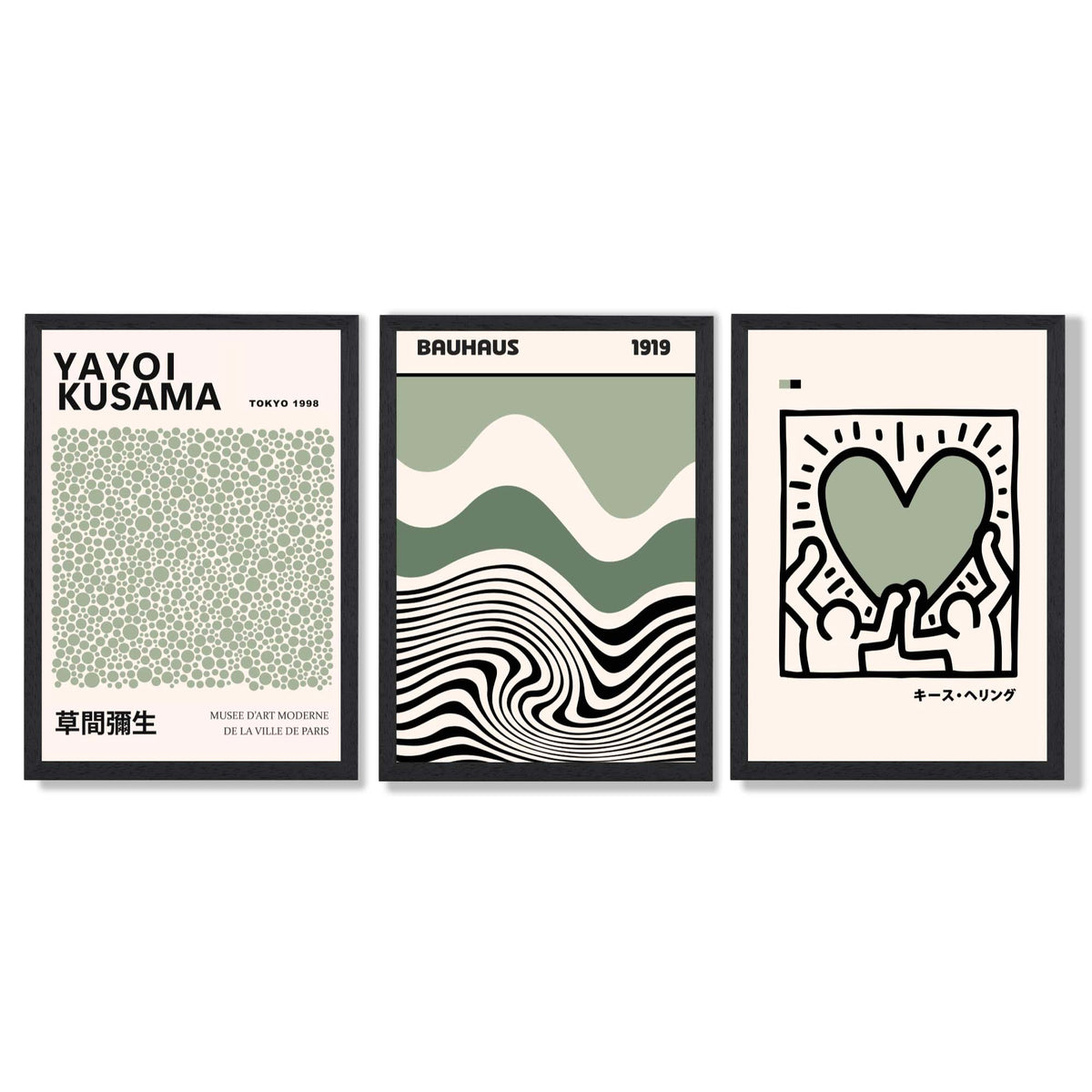 Set of 3 Yayoi Kusama Bauhaus Japandi Light Green Art Prints in Black Frames | Artze UK