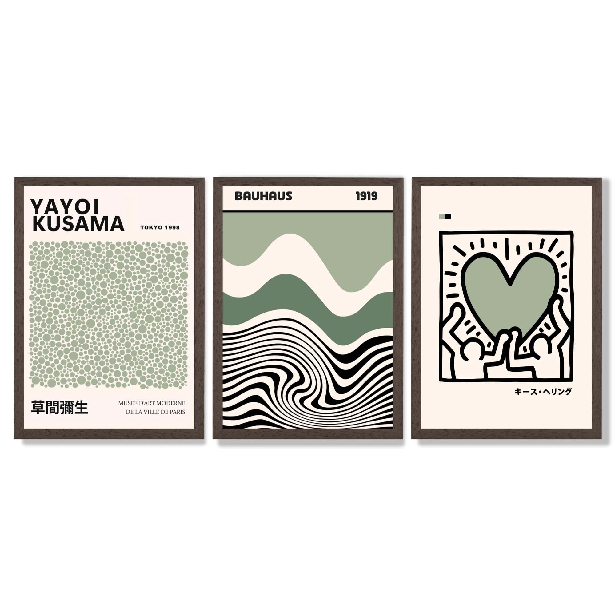 Set of 3 Yayoi Kusama Bauhaus Japandi Light Green Framed Wall Art with Dark Wood Frames