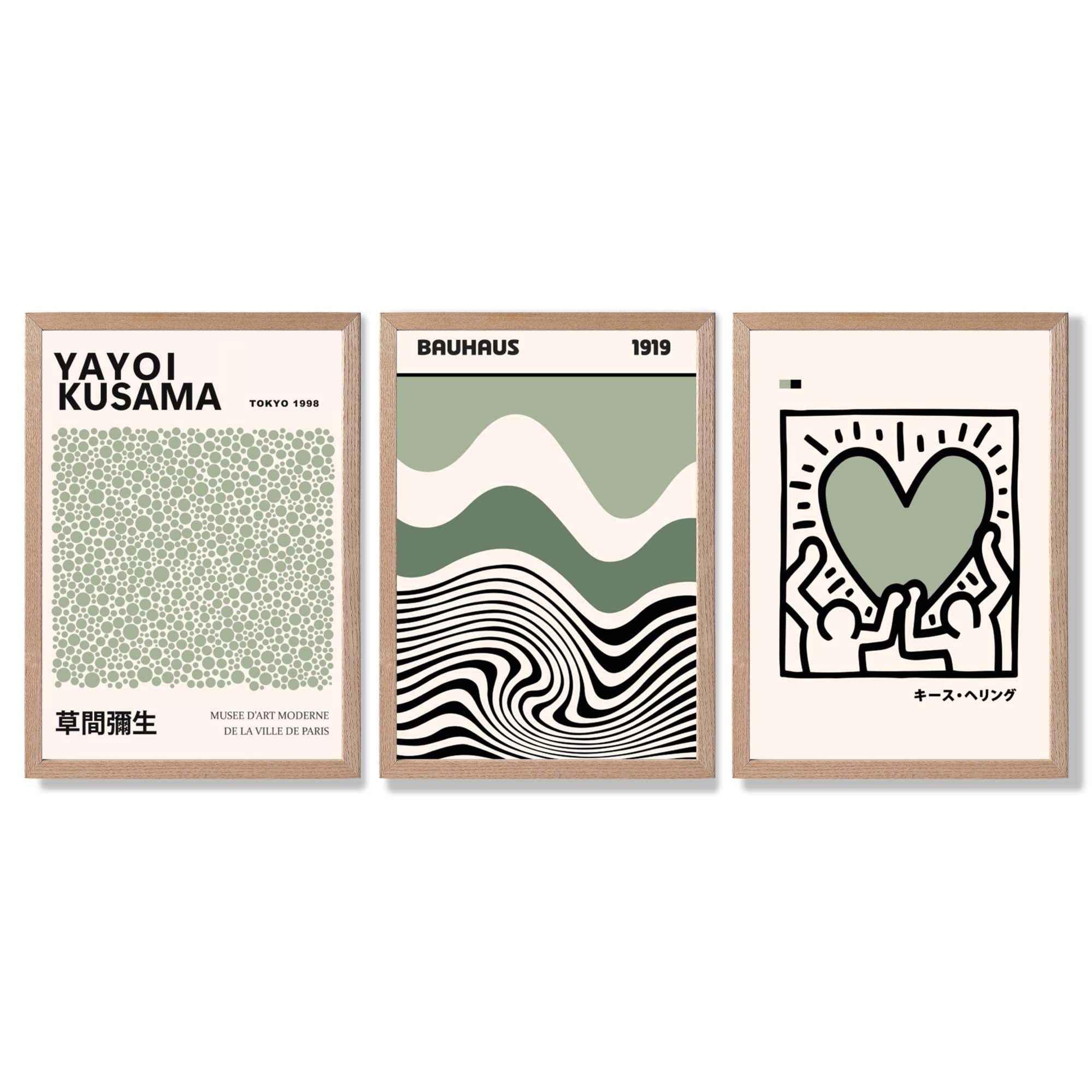 Set of 3 Yayoi Kusama Bauhaus Japandi Light Green Framed Wall Art with Light Oak Frames