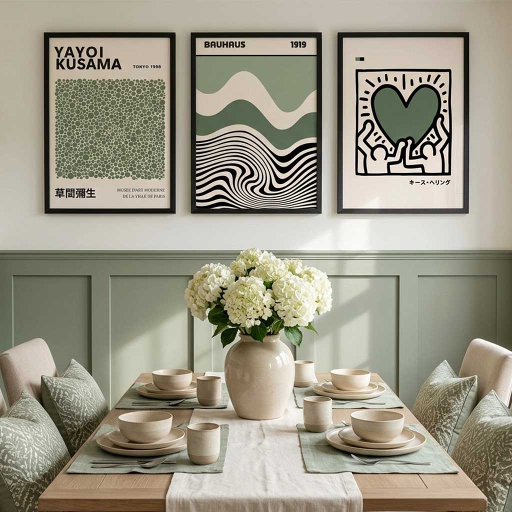 Three framed art prints with Japanese text and abstract designs are displayed on a wall above a styled dining table with white flowers in a vase.