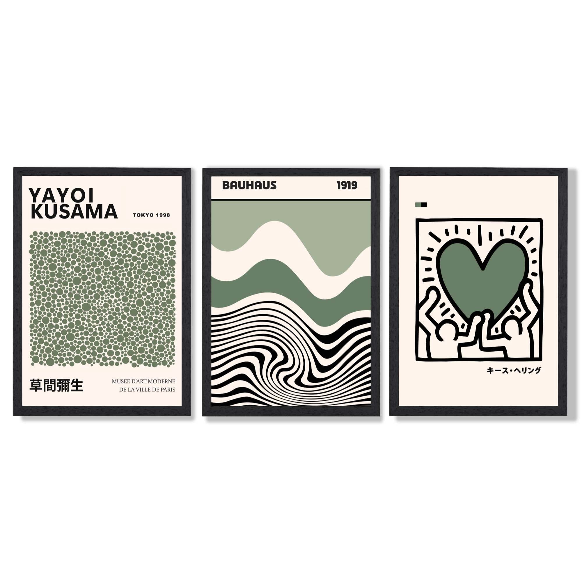 Set of 3 Bauhaus Yayoi Kusama Japandi Dark Green Art Prints in Black Frames | Artze UK