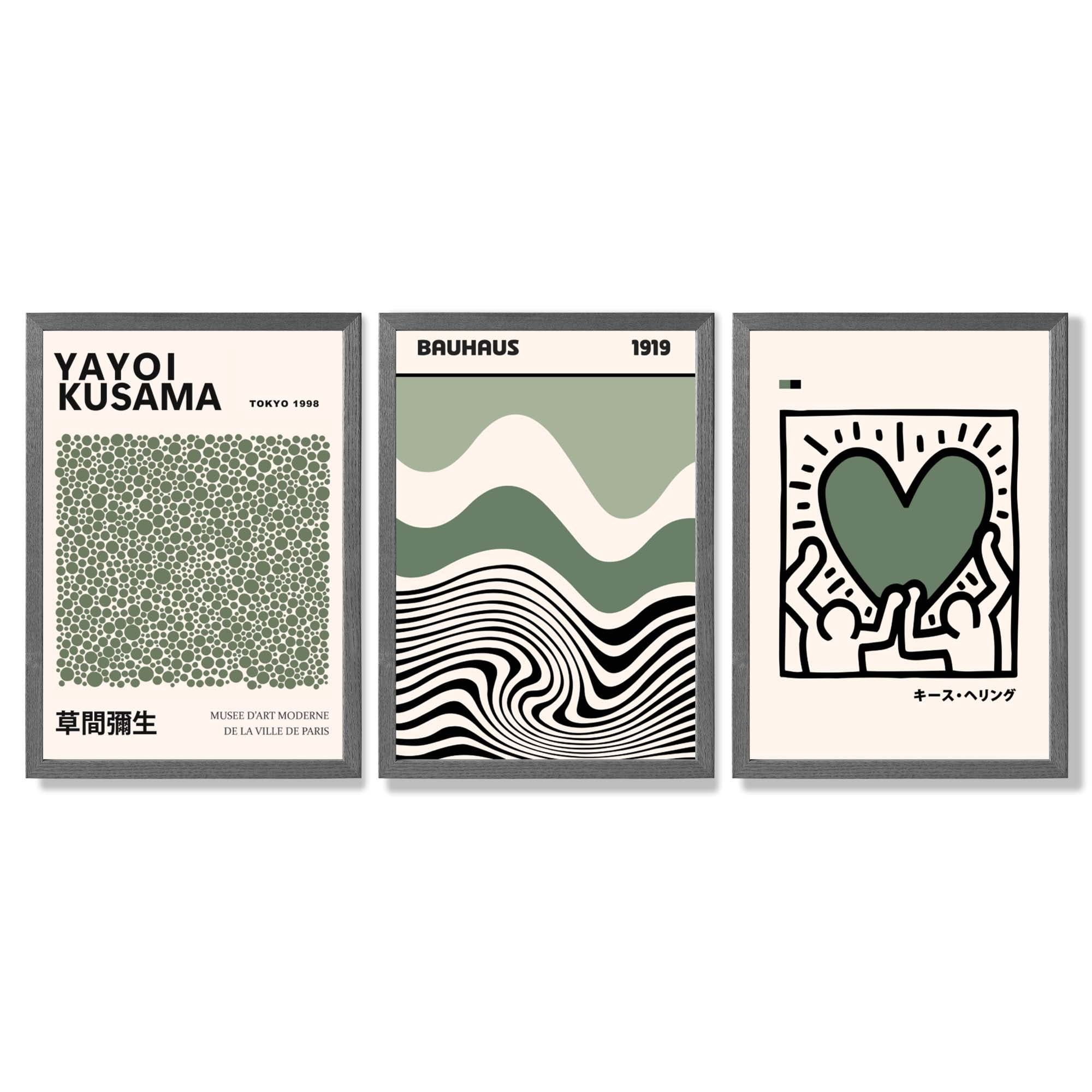 Set of 3 Bauhaus Yayoi Kusama Japandi Dark Green Framed Wall Art with Dark Grey Wooden Frames