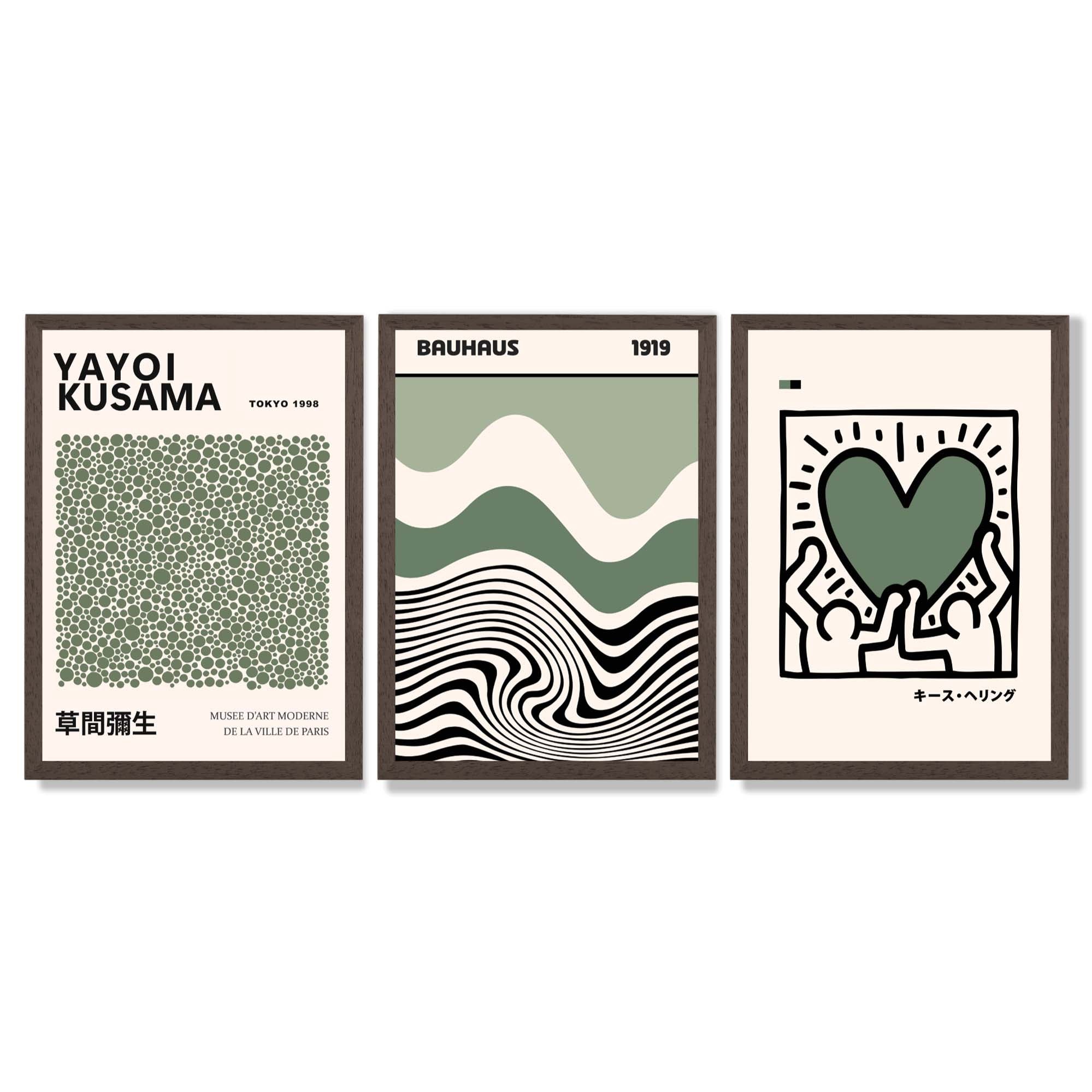 Set of 3 Bauhaus Yayoi Kusama Japandi Dark Green Framed Wall Art with Dark Wood Frames