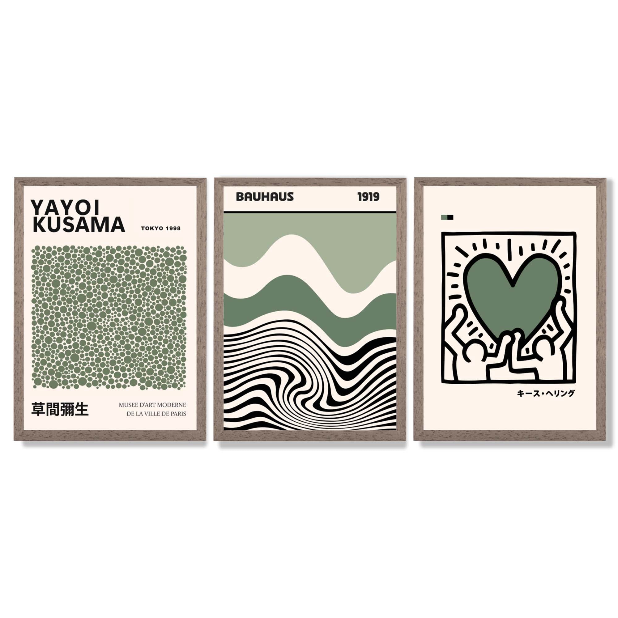 Set of 3 Bauhaus Yayoi Kusama Japandi Dark Green Framed Wall Art with Light Walnut Frames