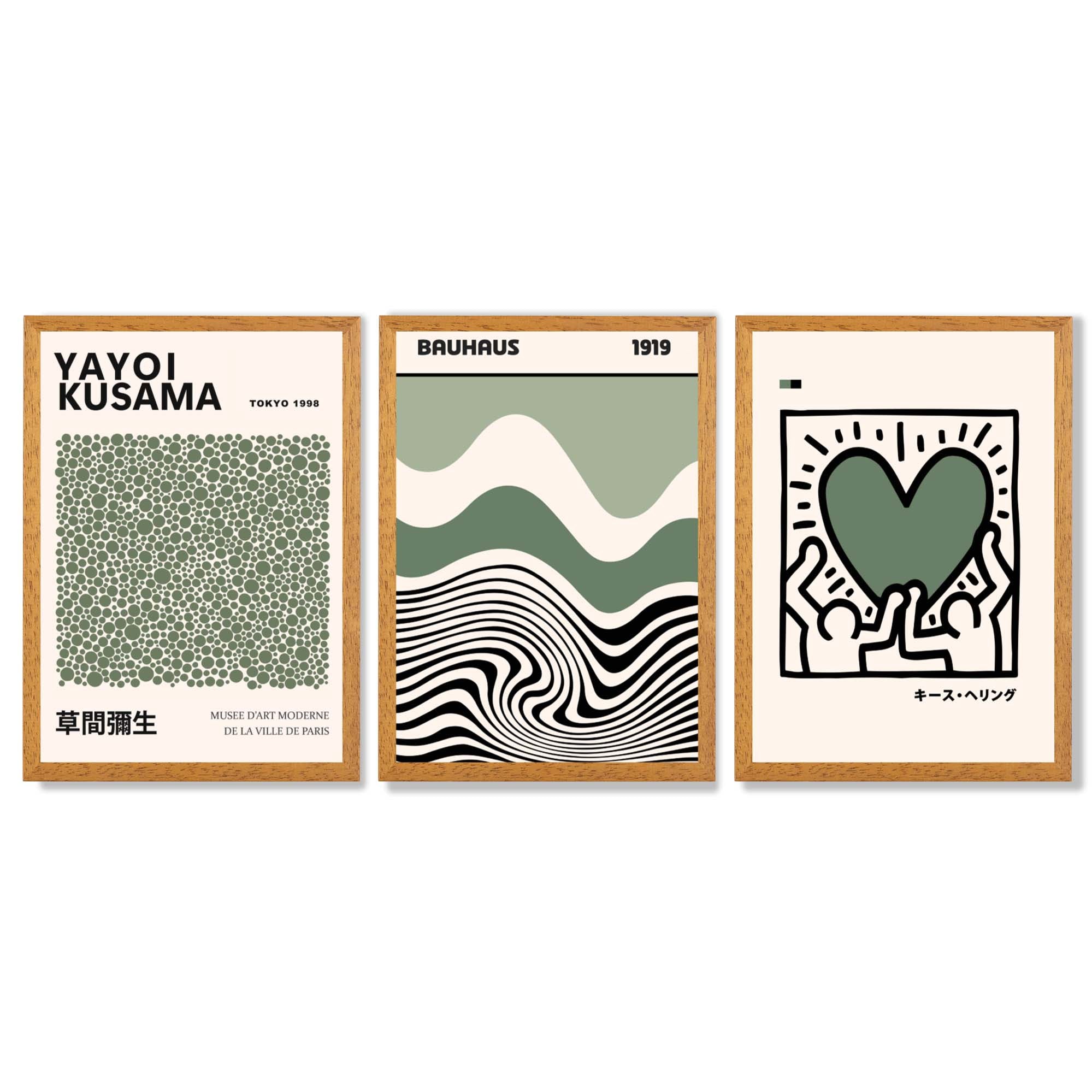 Set of 3 Bauhaus Yayoi Kusama Japandi Dark Green Framed Wall Art with Oak Wooden Frames