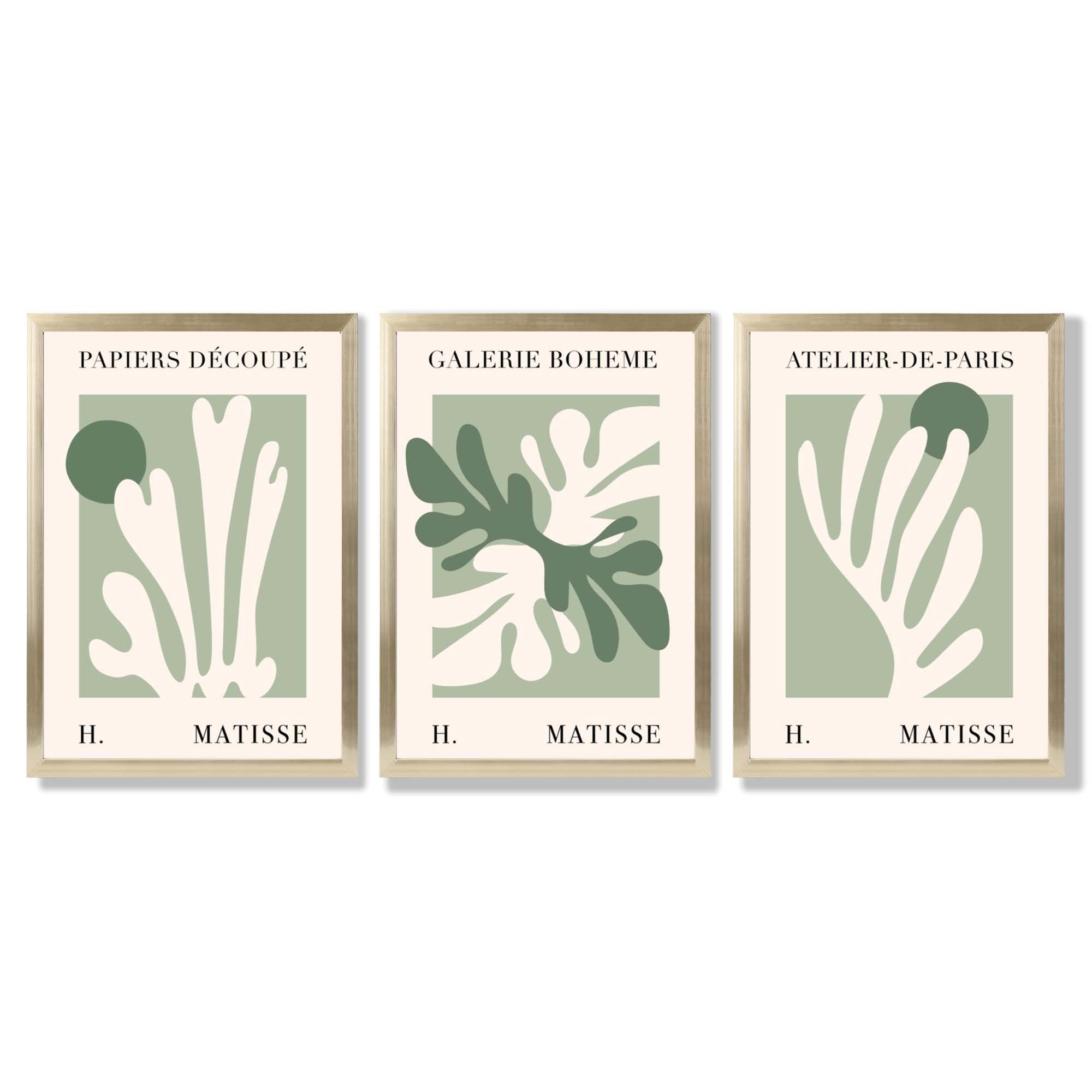 Set of 3 Matisse Cutout Botanical Sage Green and Cream Framed Wall Art with Gold Wood Frames