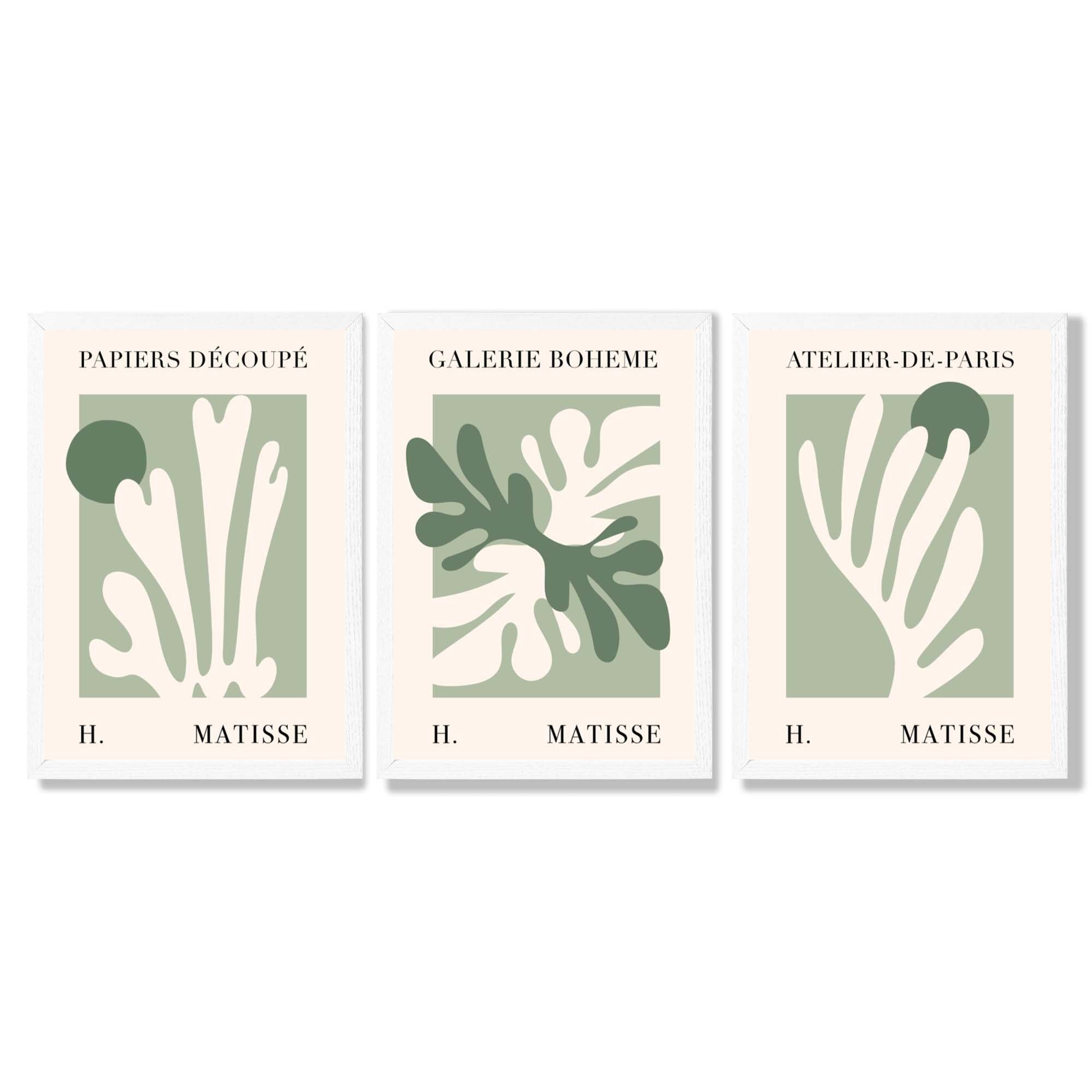 Set of 3 Matisse Cutout Botanical Sage Green and Cream Framed Wall Art with White Wooden Frames