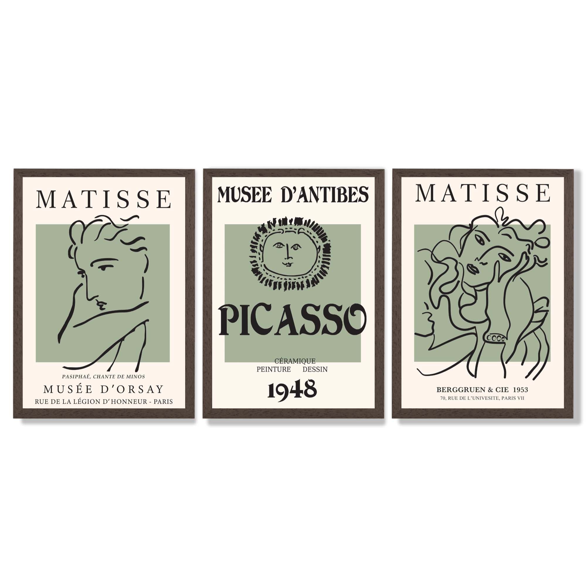 Set of 3 Matisse and Picasso Minimal Line Art in Green Framed Wall Art with Dark Wood Frames