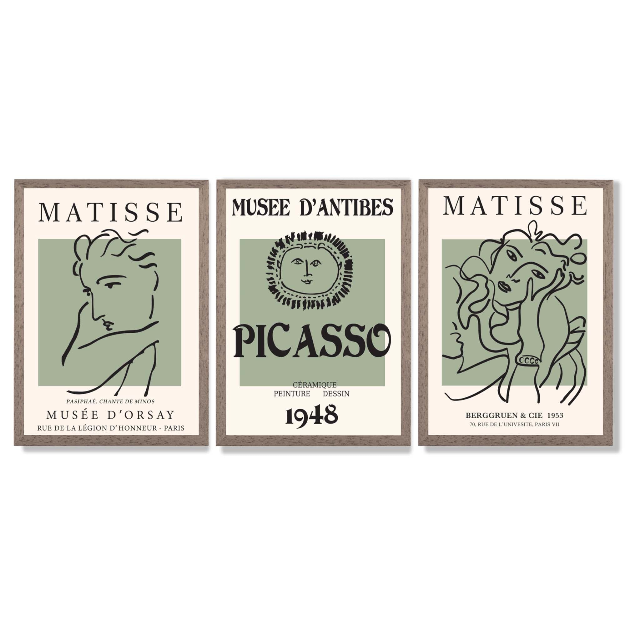 Set of 3 Matisse and Picasso Minimal Line Art in Green Framed Wall Art with Light Walnut Frames