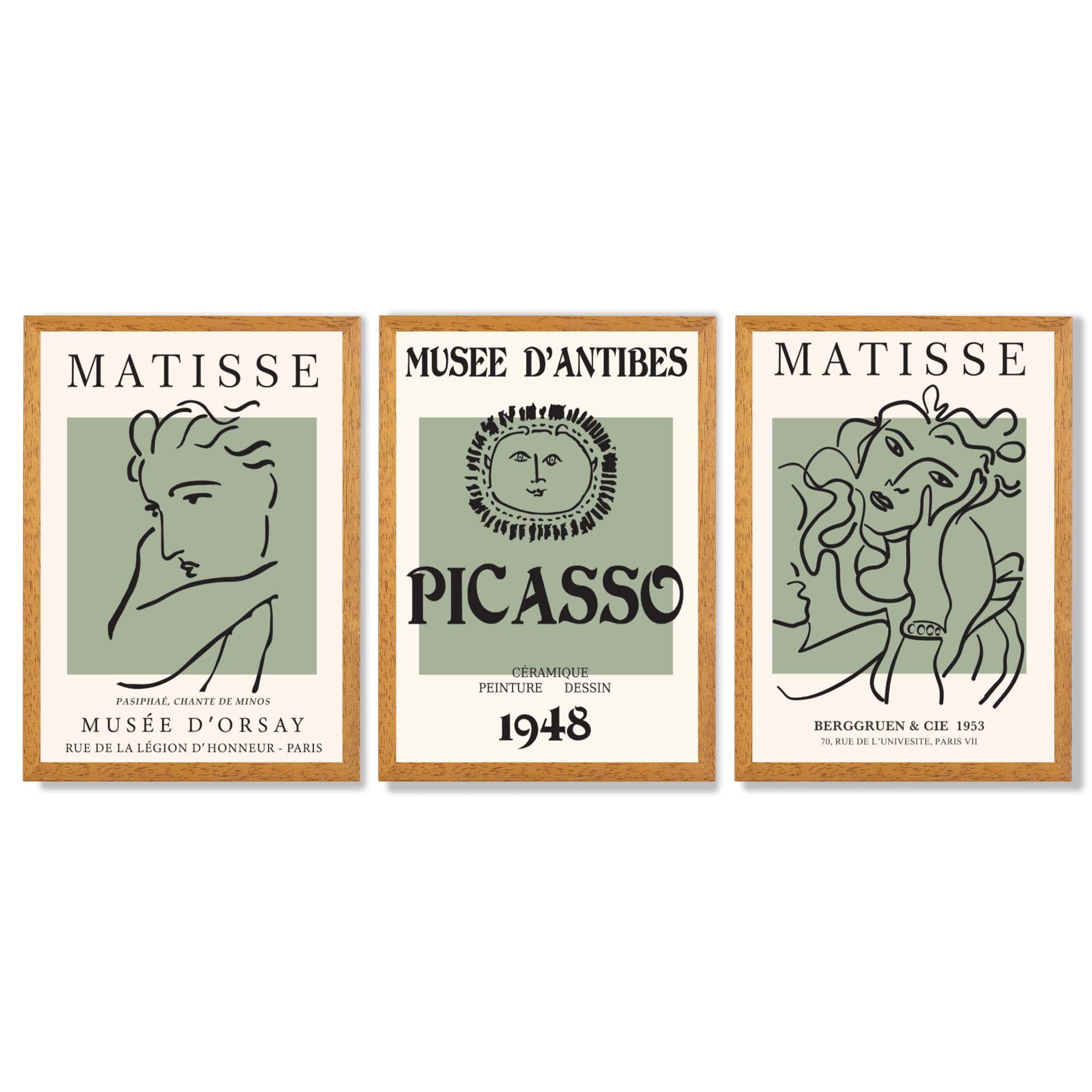 Set of 3 Matisse and Picasso Minimal Line Art in Green Framed Wall Art with Oak Wooden Frames
