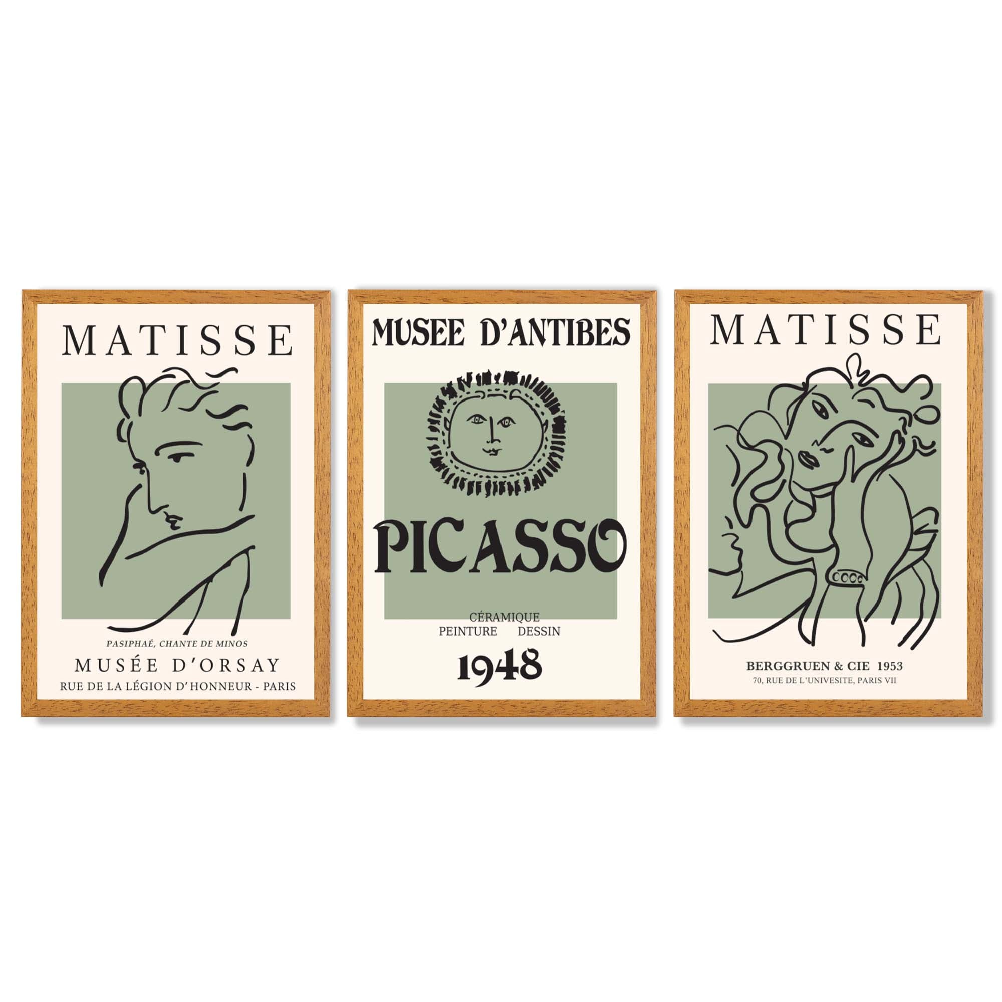 Set of 3 Matisse and Picasso Minimal Line Art in Green Framed Wall Art with Oak Wooden Frames
