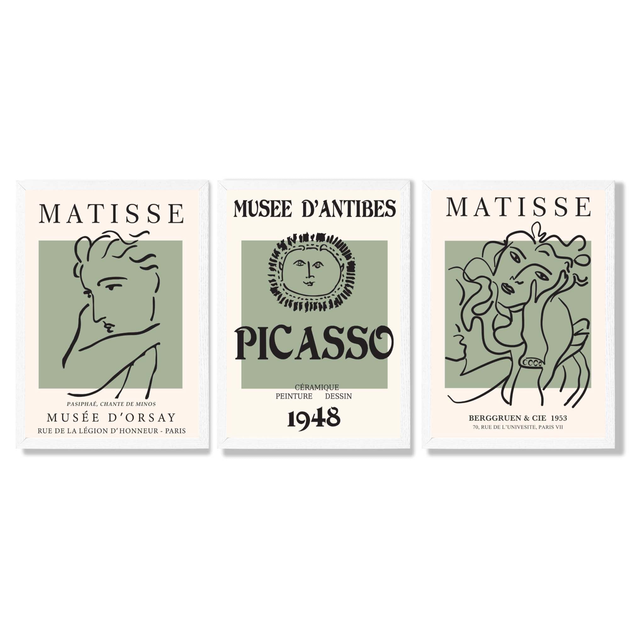 Set of 3 Matisse and Picasso Minimal Line Art in Green Framed Wall Art with White Wooden Frames