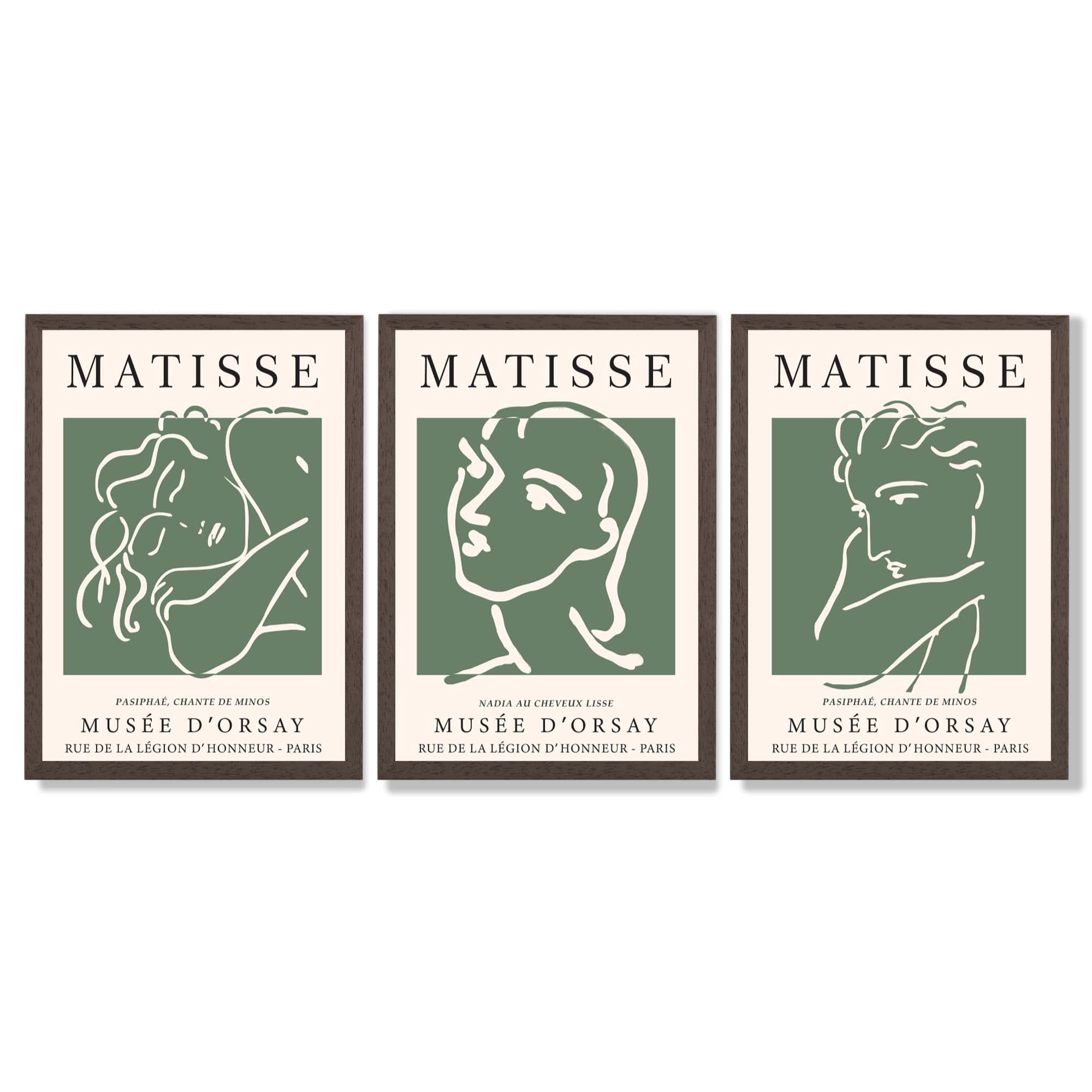 Set of 3 Matisse Abstract Faces Line Art in Green Framed Wall Art with Dark Wood Frames