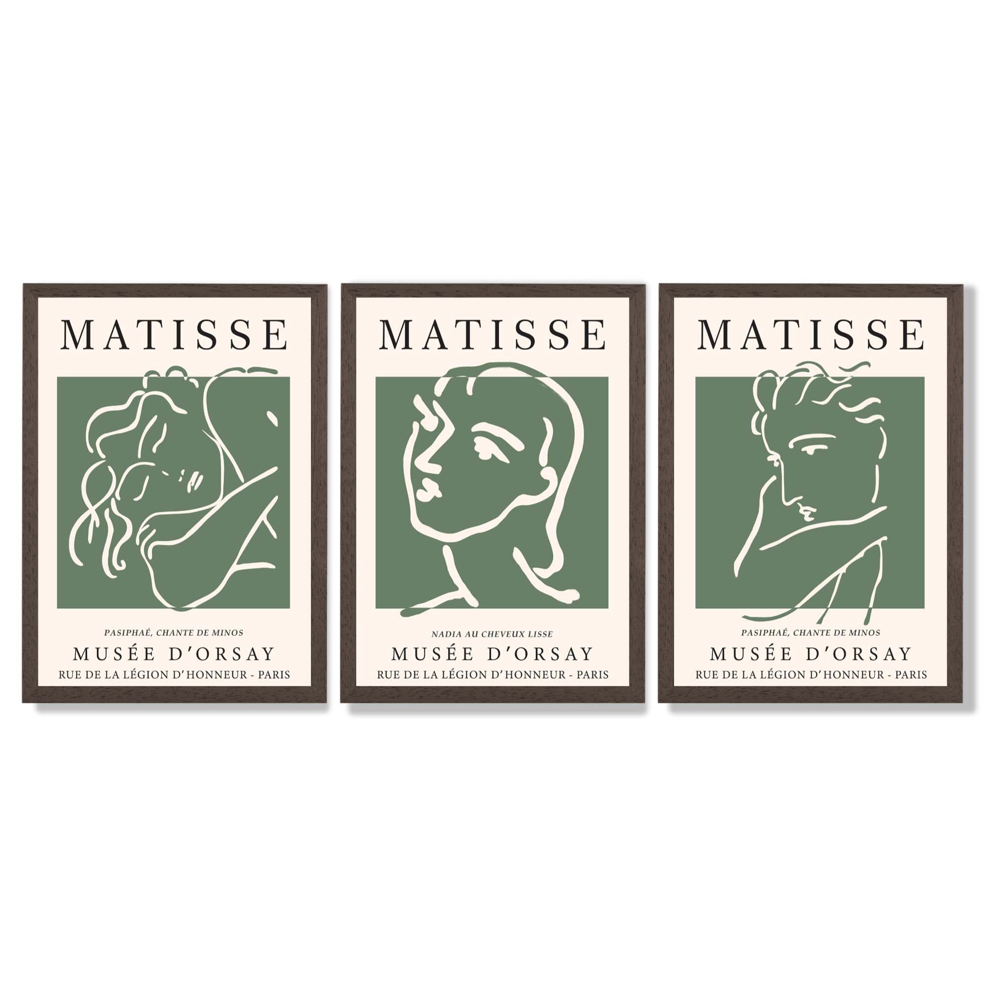 Set of 3 Matisse Abstract Faces Line Art in Green Framed Wall Art with Dark Wood Frames