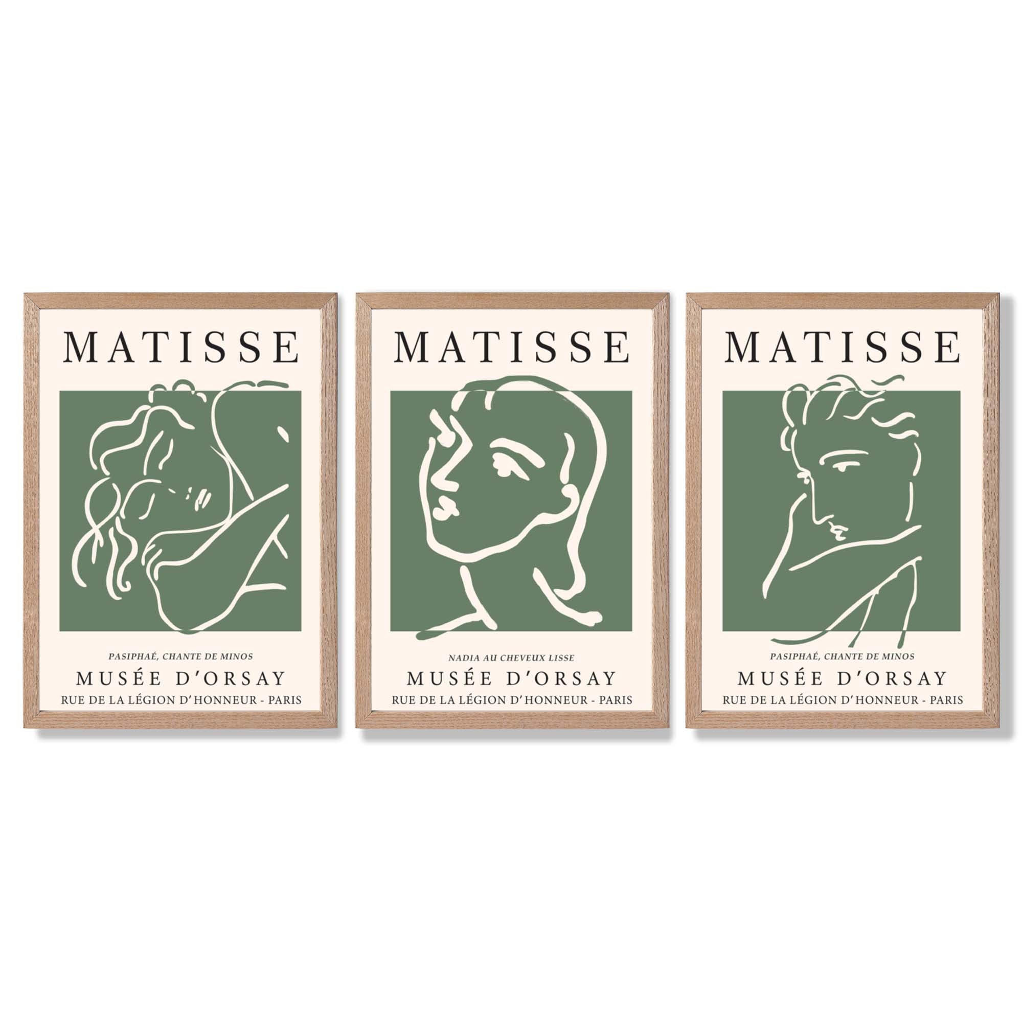 Set of 3 Matisse Abstract Faces Line Art in Green Framed Wall Art with Light Oak Frames