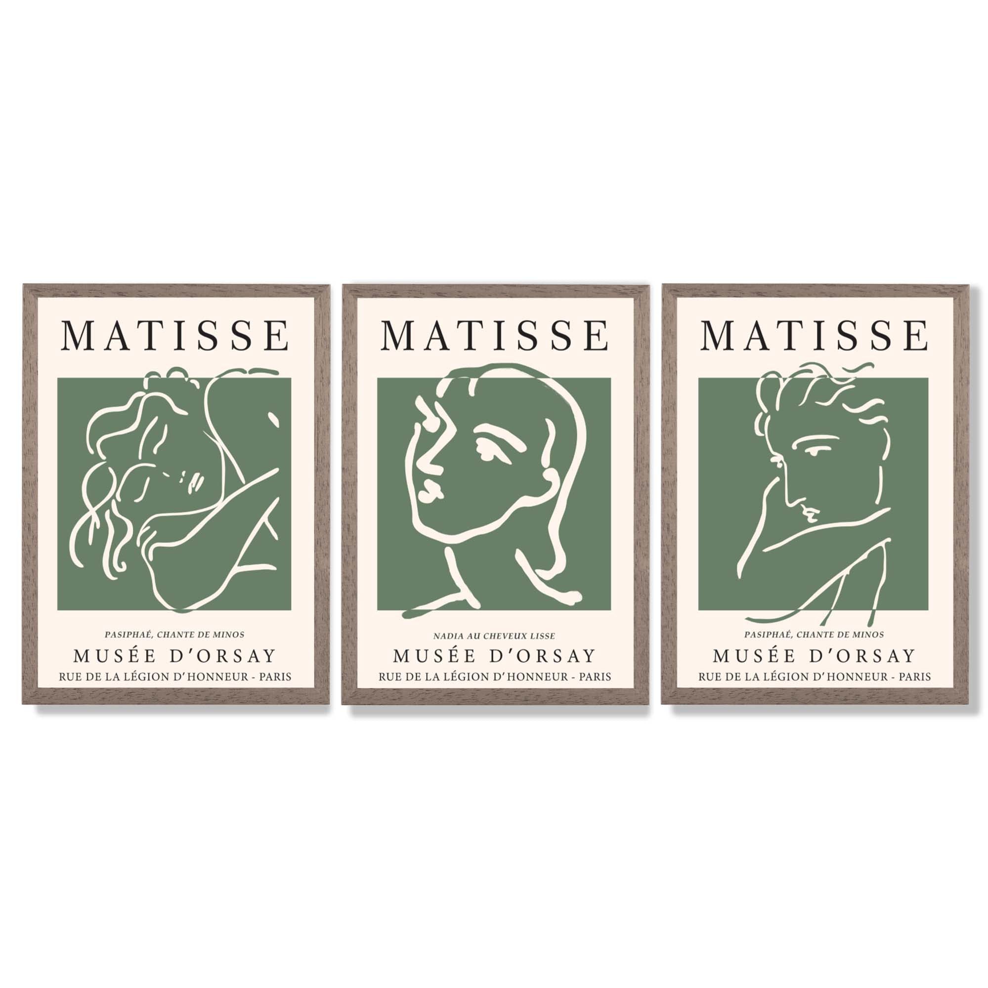 Set of 3 Matisse Abstract Faces Line Art in Green Framed Wall Art with Light Walnut Frames