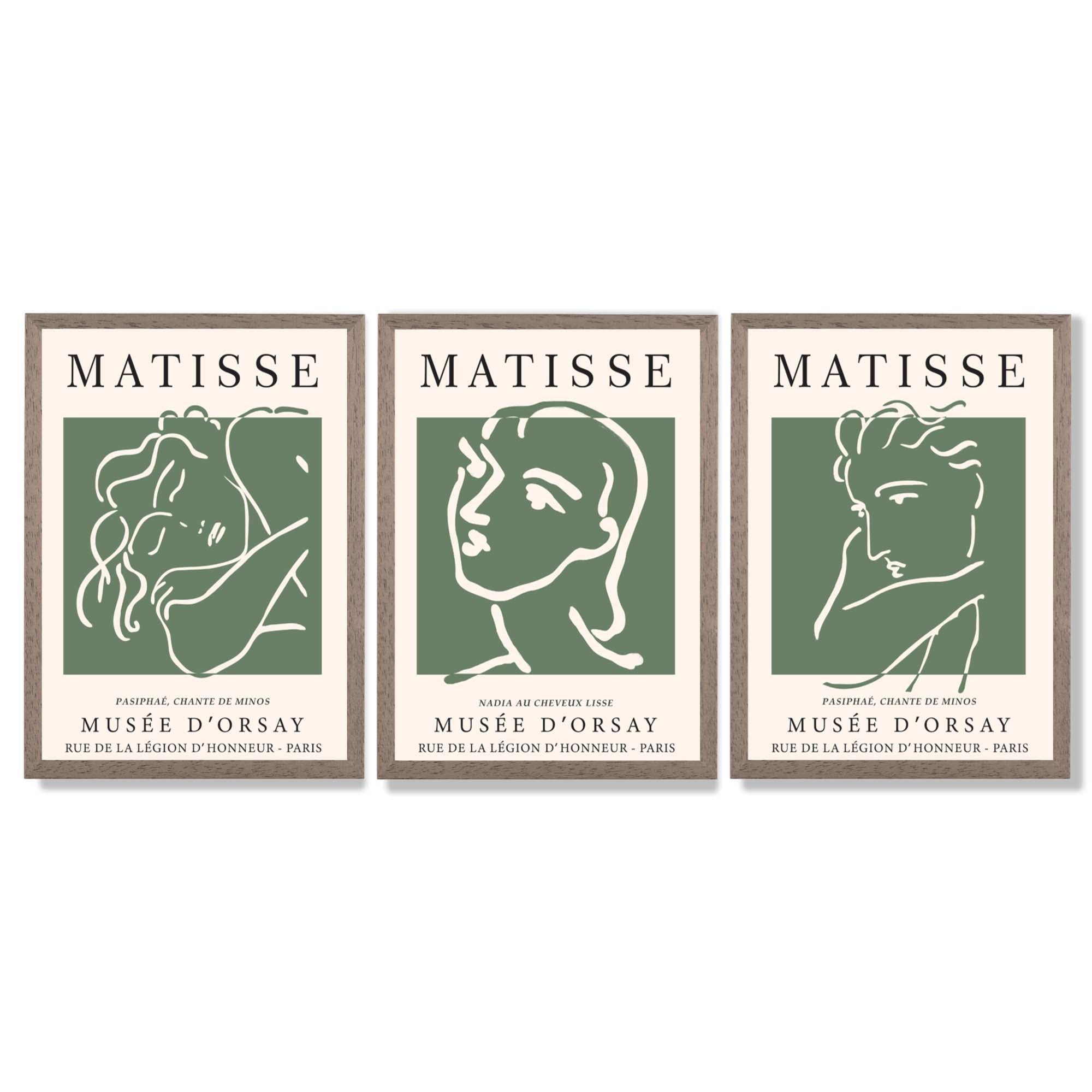 Set of 3 Matisse Abstract Faces Line Art in Green Framed Wall Art with Light Walnut Frames