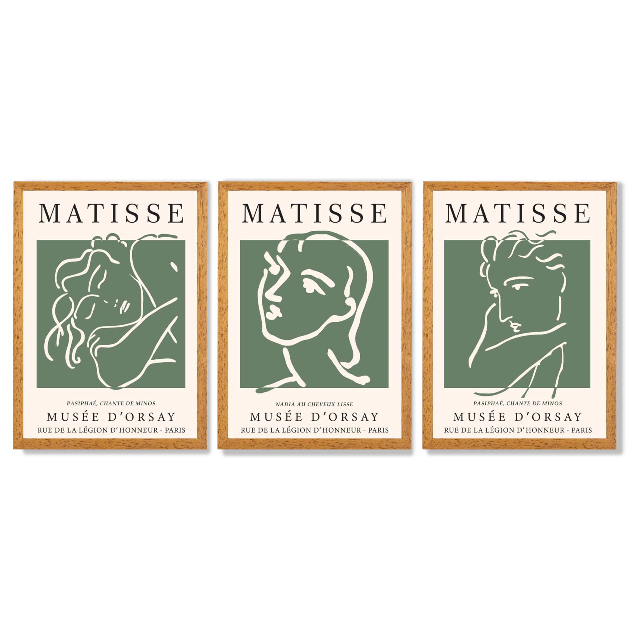 Set of 3 Matisse Abstract Faces Line Art in Green Framed Wall Art with Oak Wooden Frames