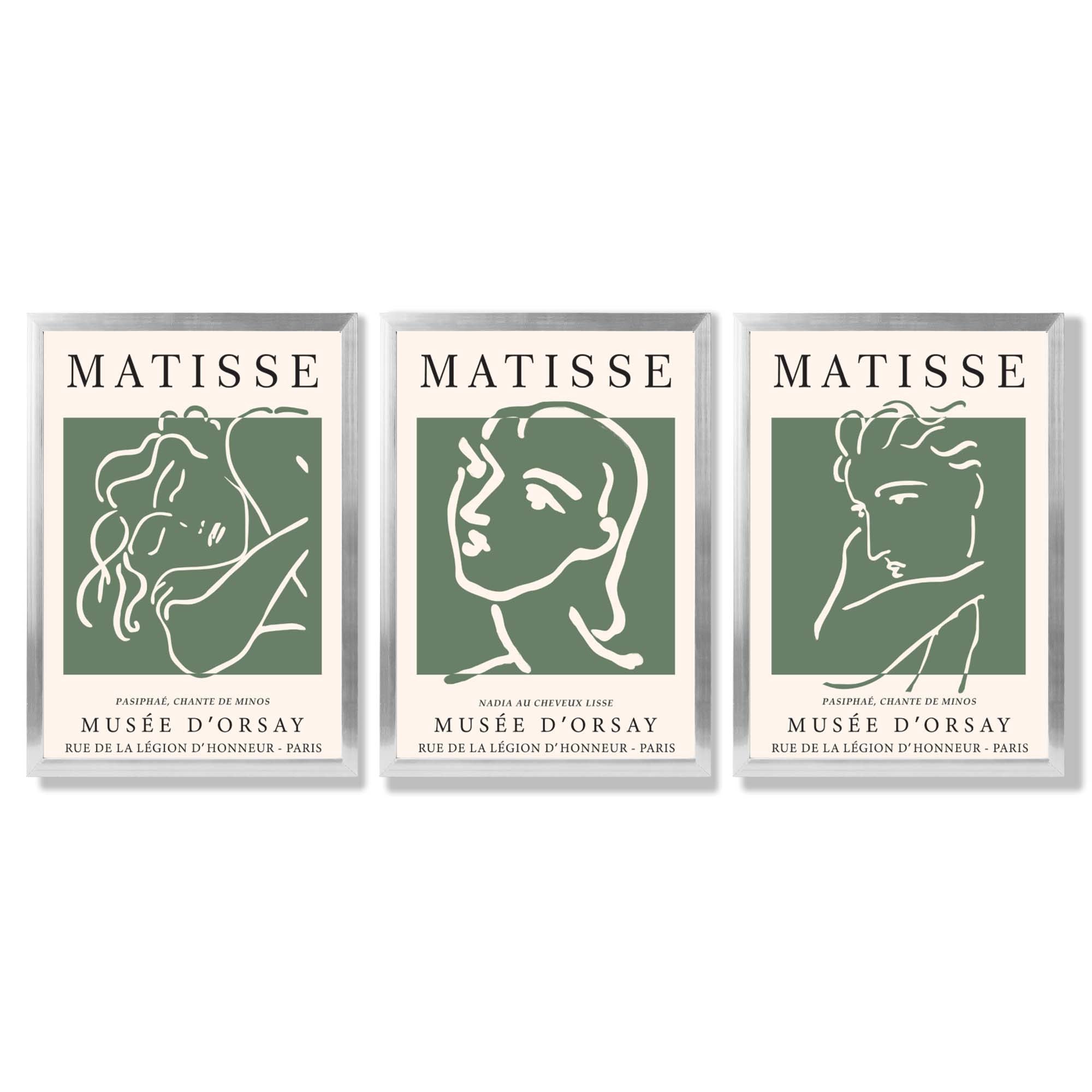Set of 3 Matisse Abstract Faces Line Art in Green Framed Wall Art with Silver Wood Frames