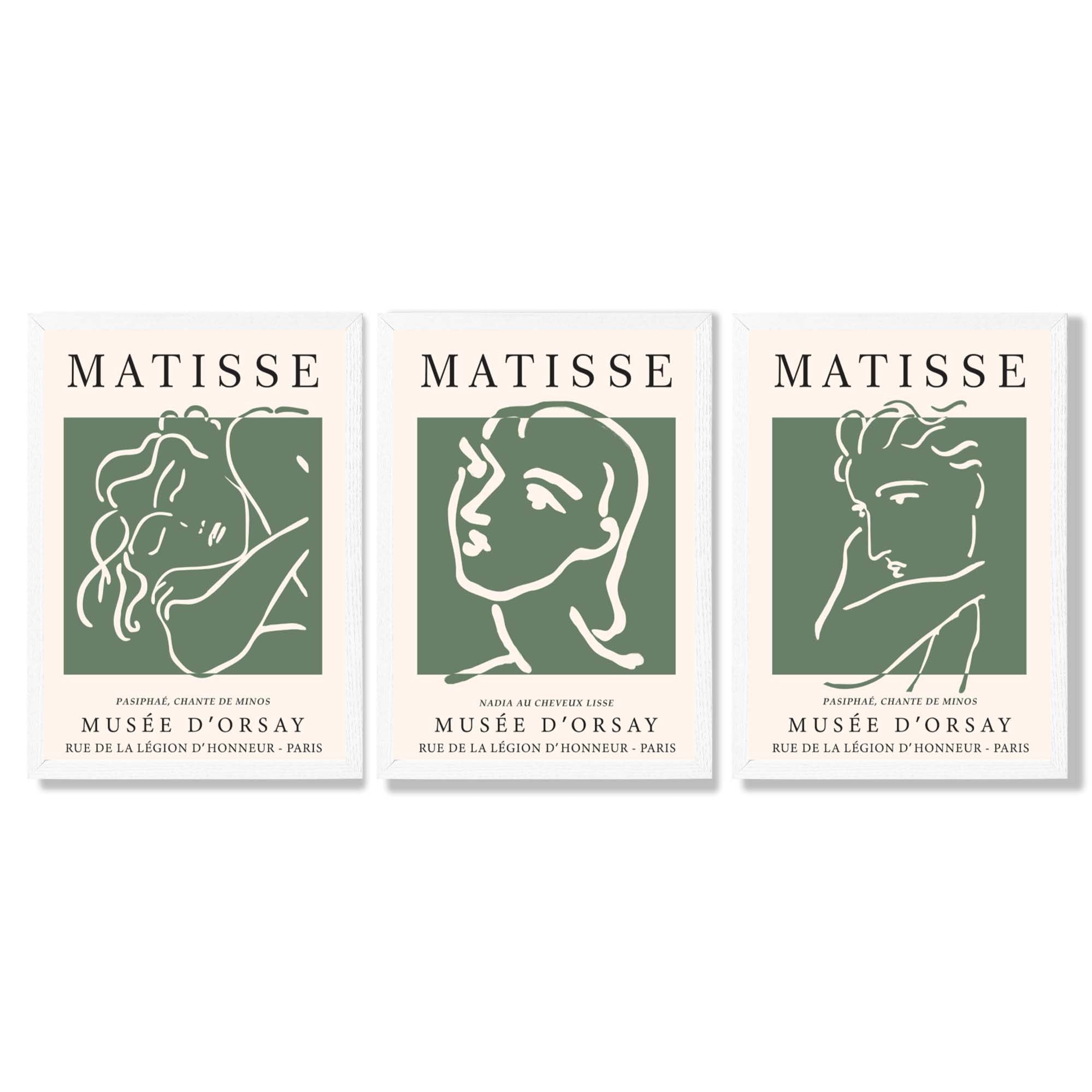 Set of 3 Matisse Abstract Faces Line Art in Green Framed Wall Art with White Wooden Frames