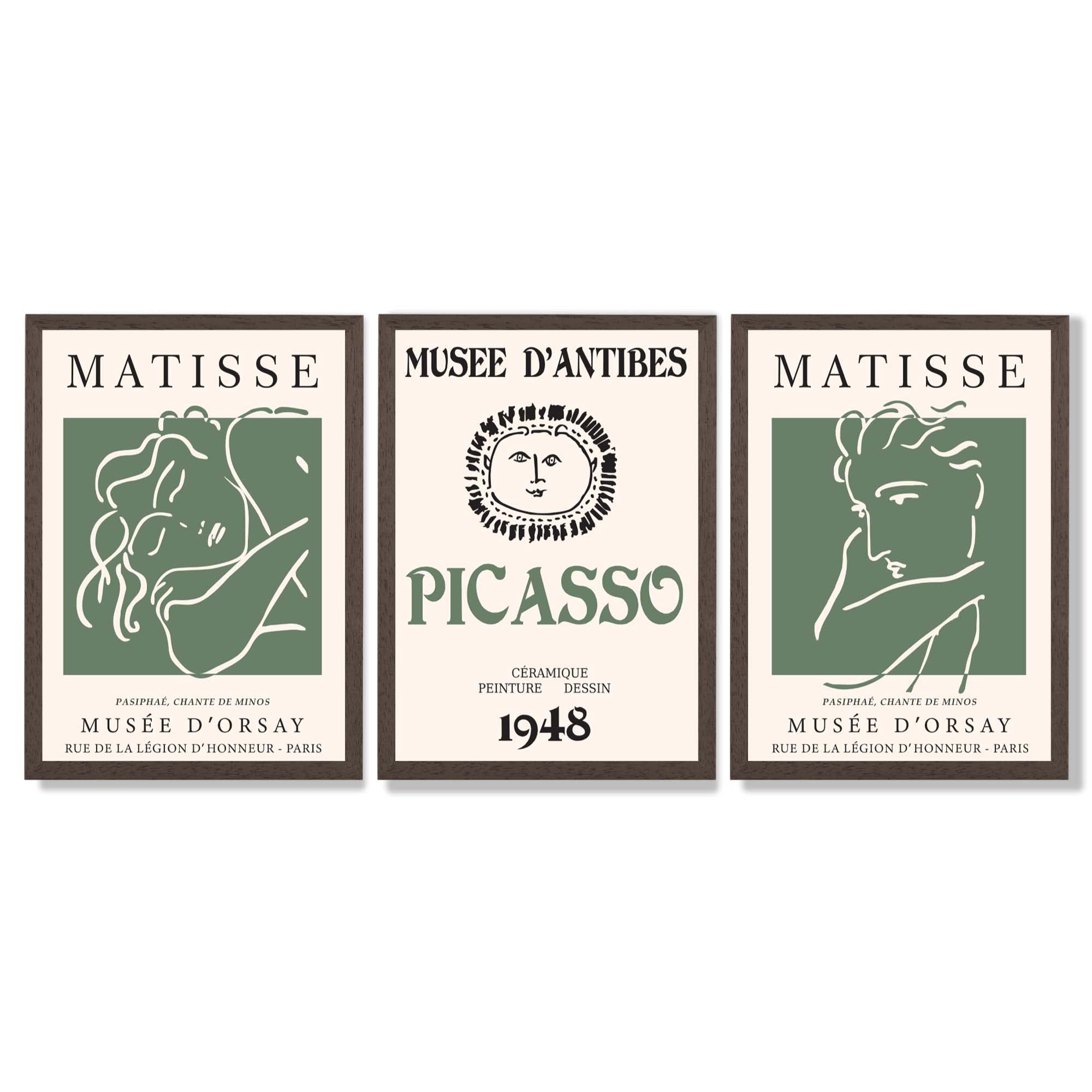 Matisse Picasso Abstract Faces Line Art Set of 3 Green Framed Wall Art with Dark Wood Frames