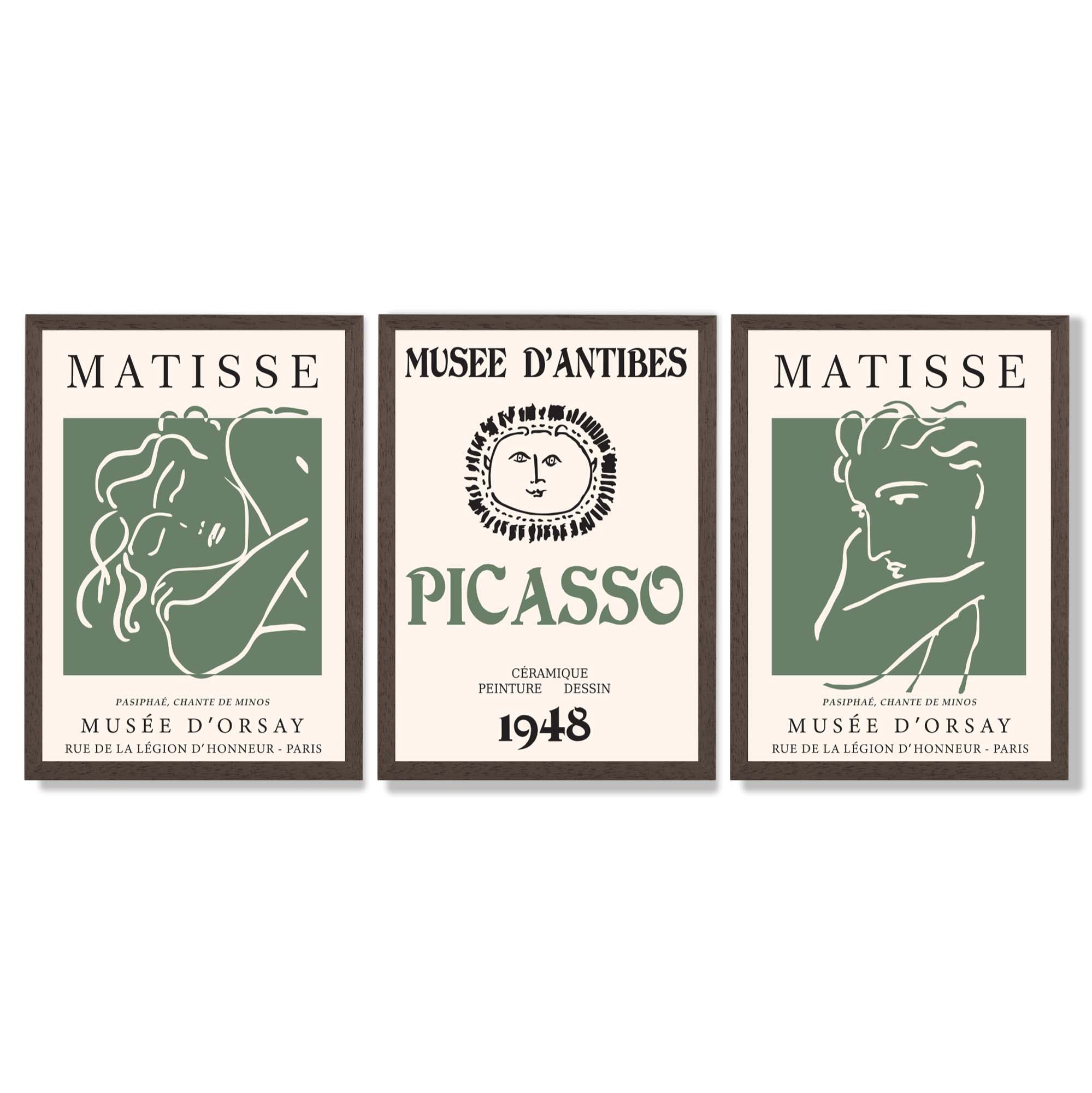 Matisse Picasso Abstract Faces Line Art Set of 3 Green Framed Wall Art with Dark Wood Frames
