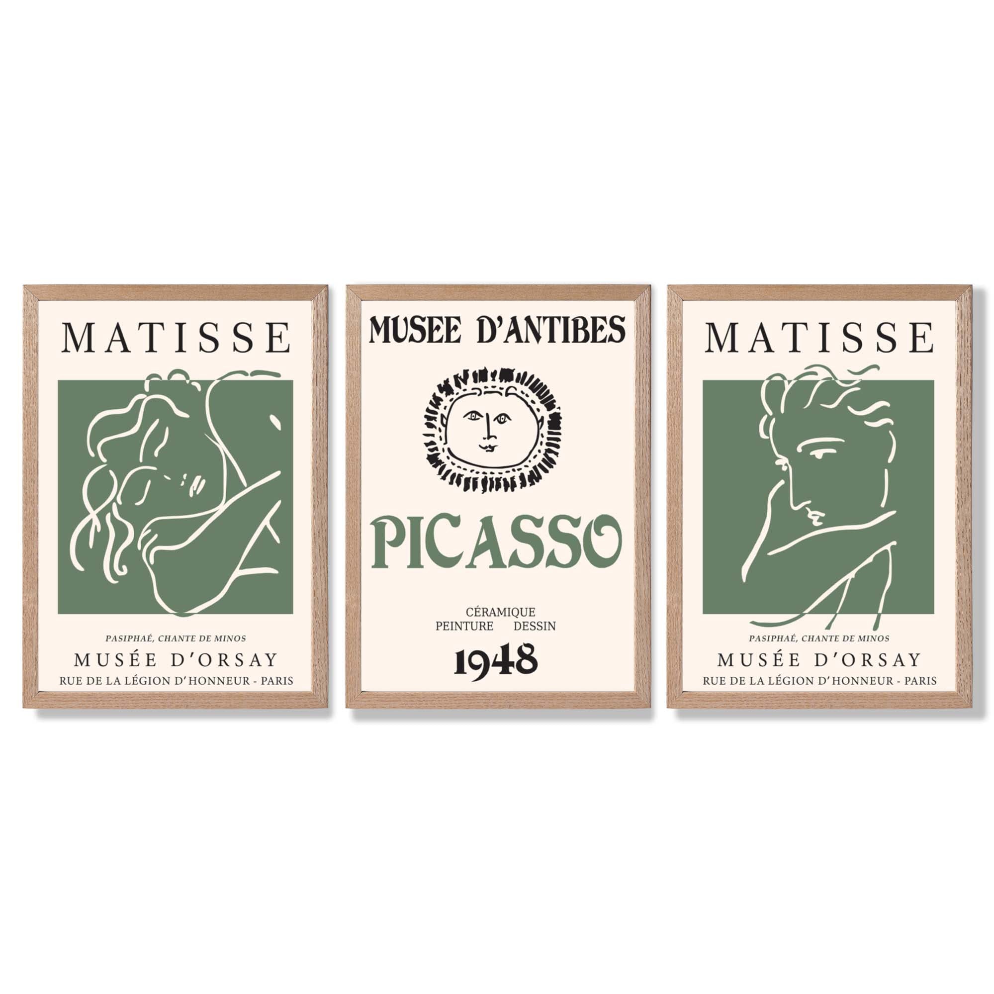 Matisse Picasso Abstract Faces Line Art Set of 3 Green Framed Wall Art with Light Oak Frames